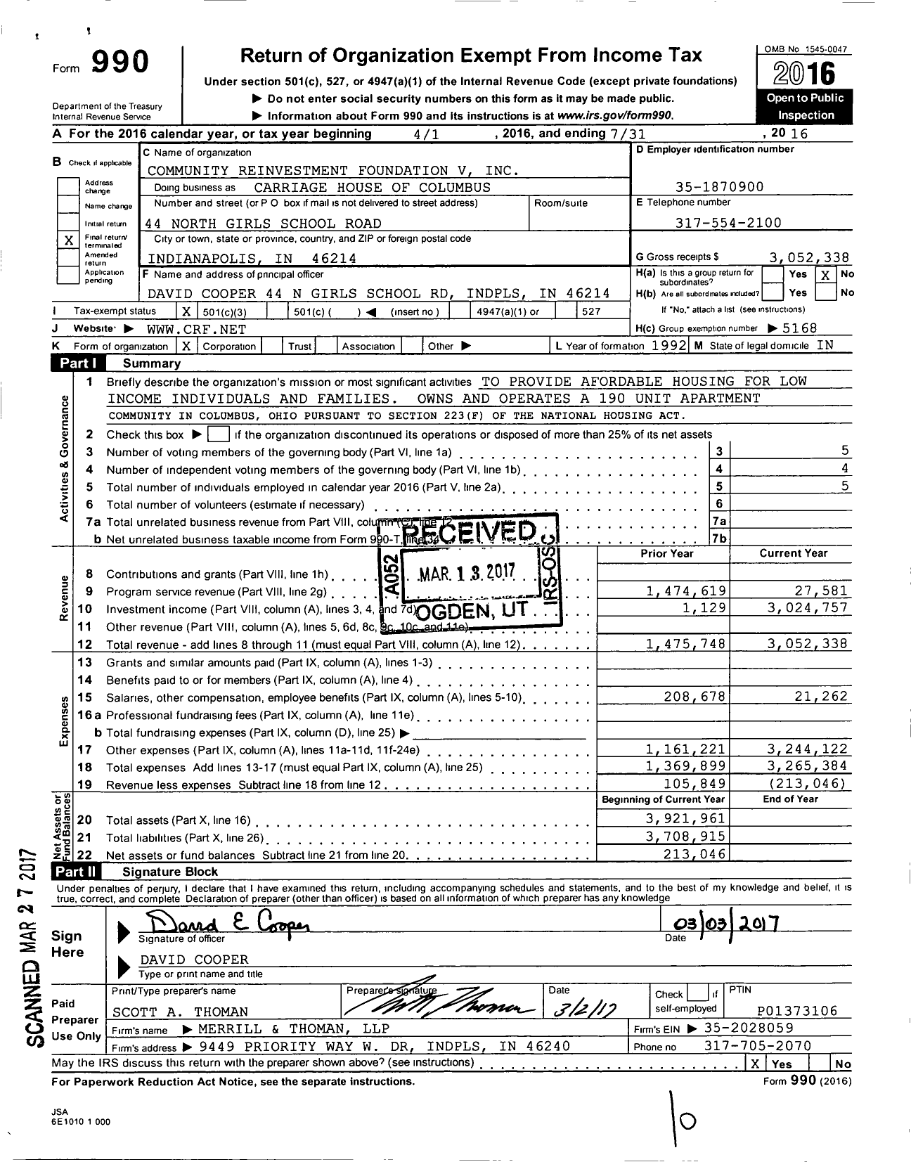Image of first page of 2015 Form 990 for Community Reinvestment Foundation V
