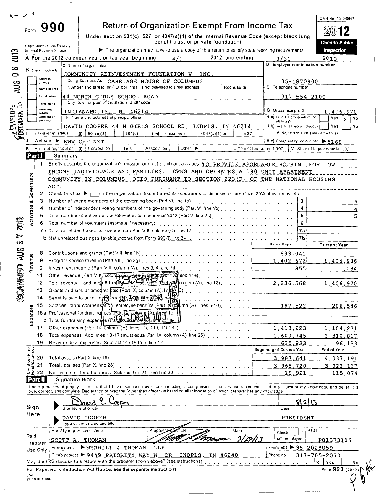Image of first page of 2012 Form 990 for Community Reinvestment Foundation V