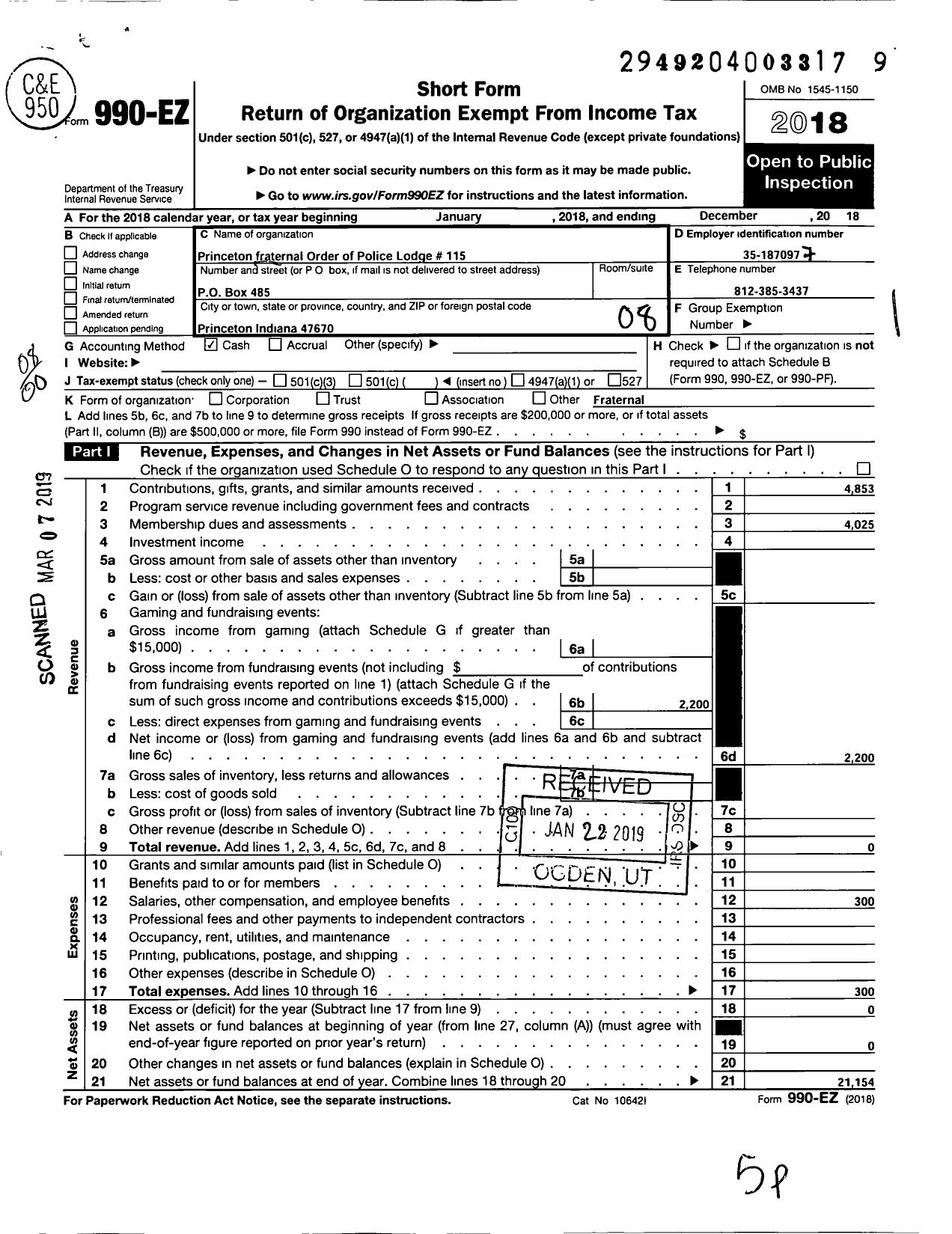 Image of first page of 2018 Form 990EO for Fraternal Order of Police - 115 Princeton Lodge