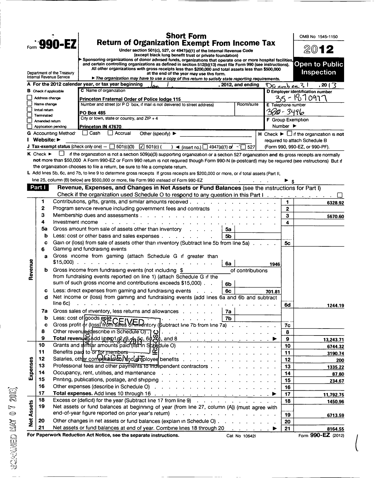 Image of first page of 2013 Form 990EO for Fraternal Order of Police - 115 Princeton Lodge