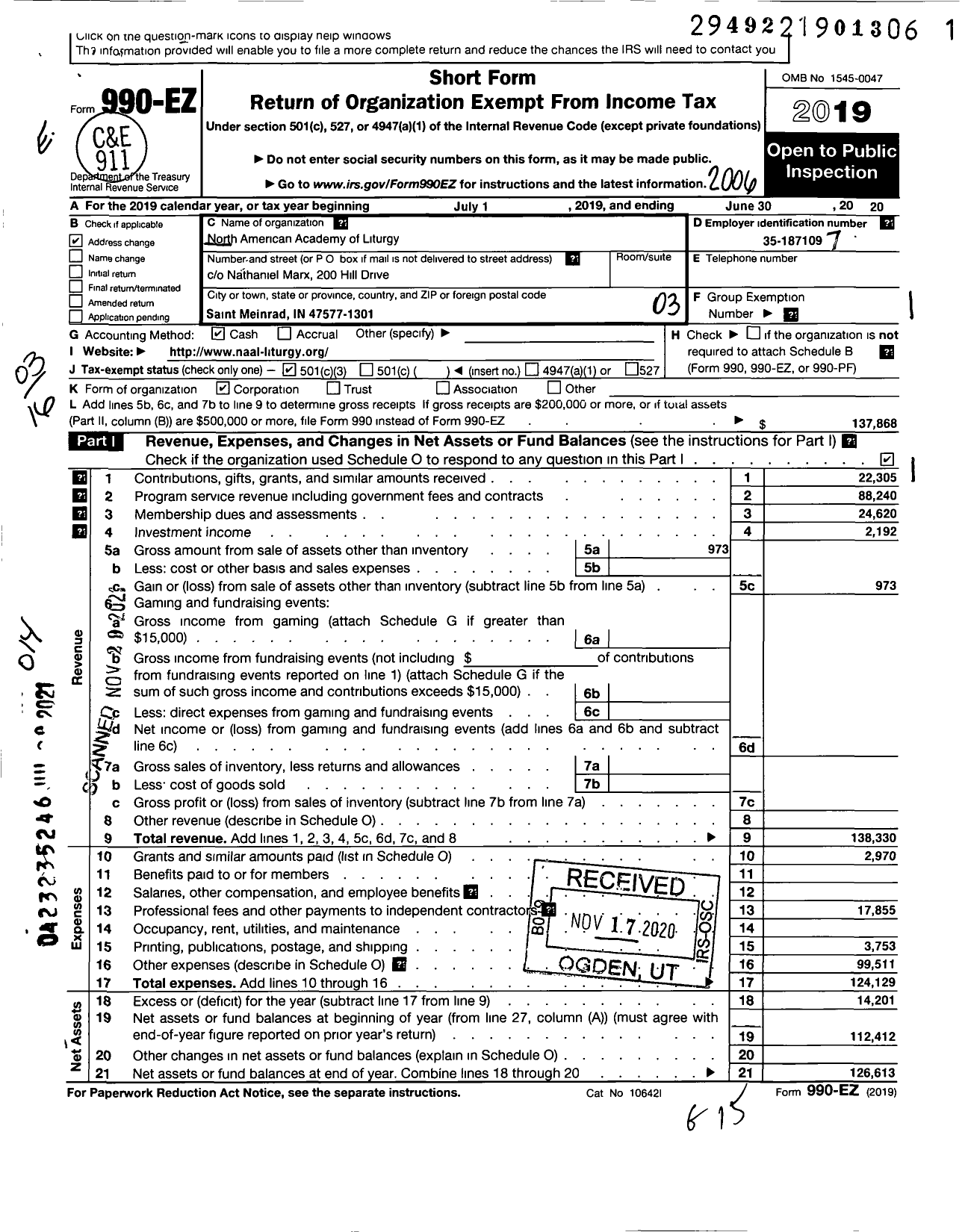 Image of first page of 2019 Form 990EZ for North American Academy of Liturgy