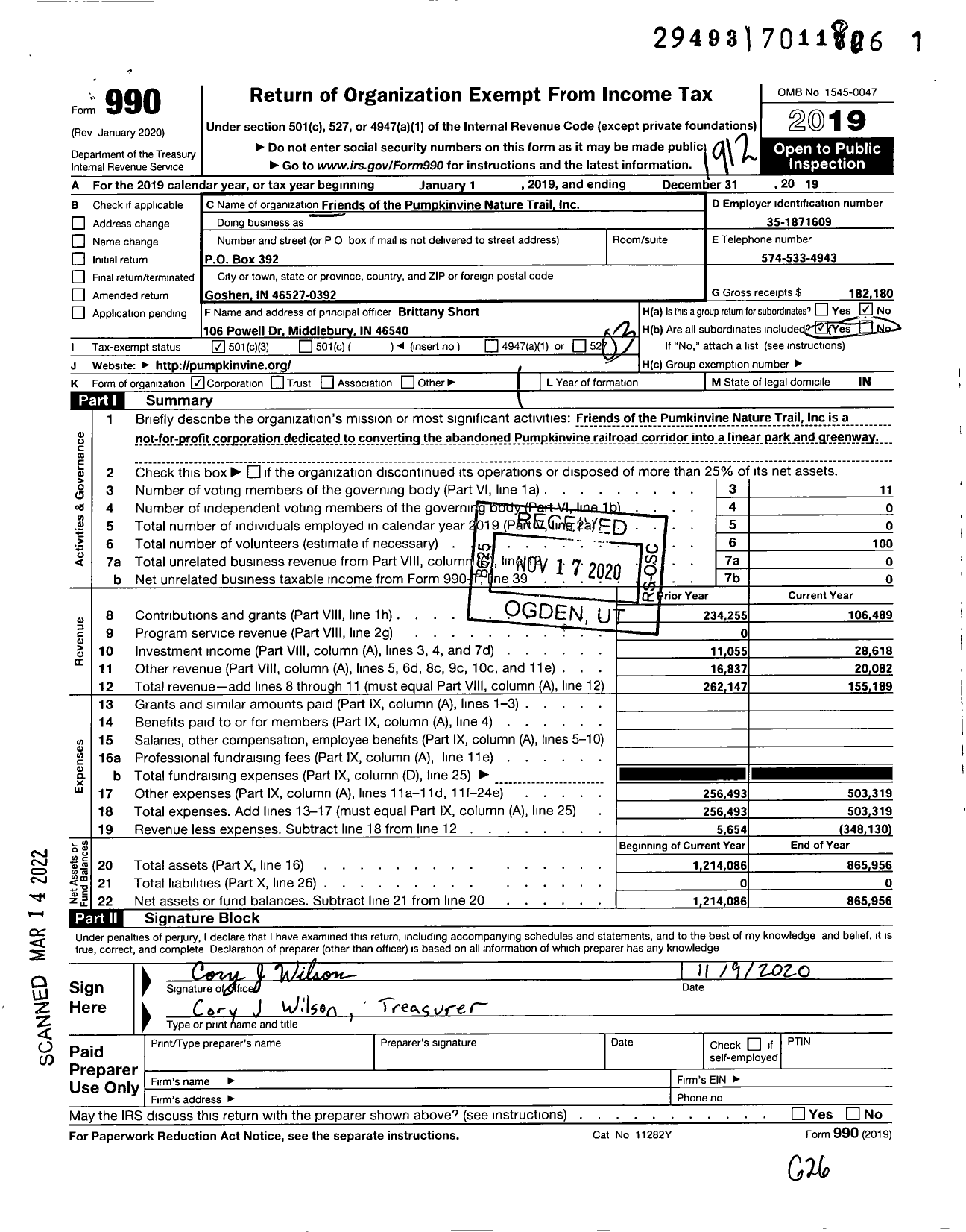 Image of first page of 2019 Form 990 for Friends of Pumpkinvine Nature Trail