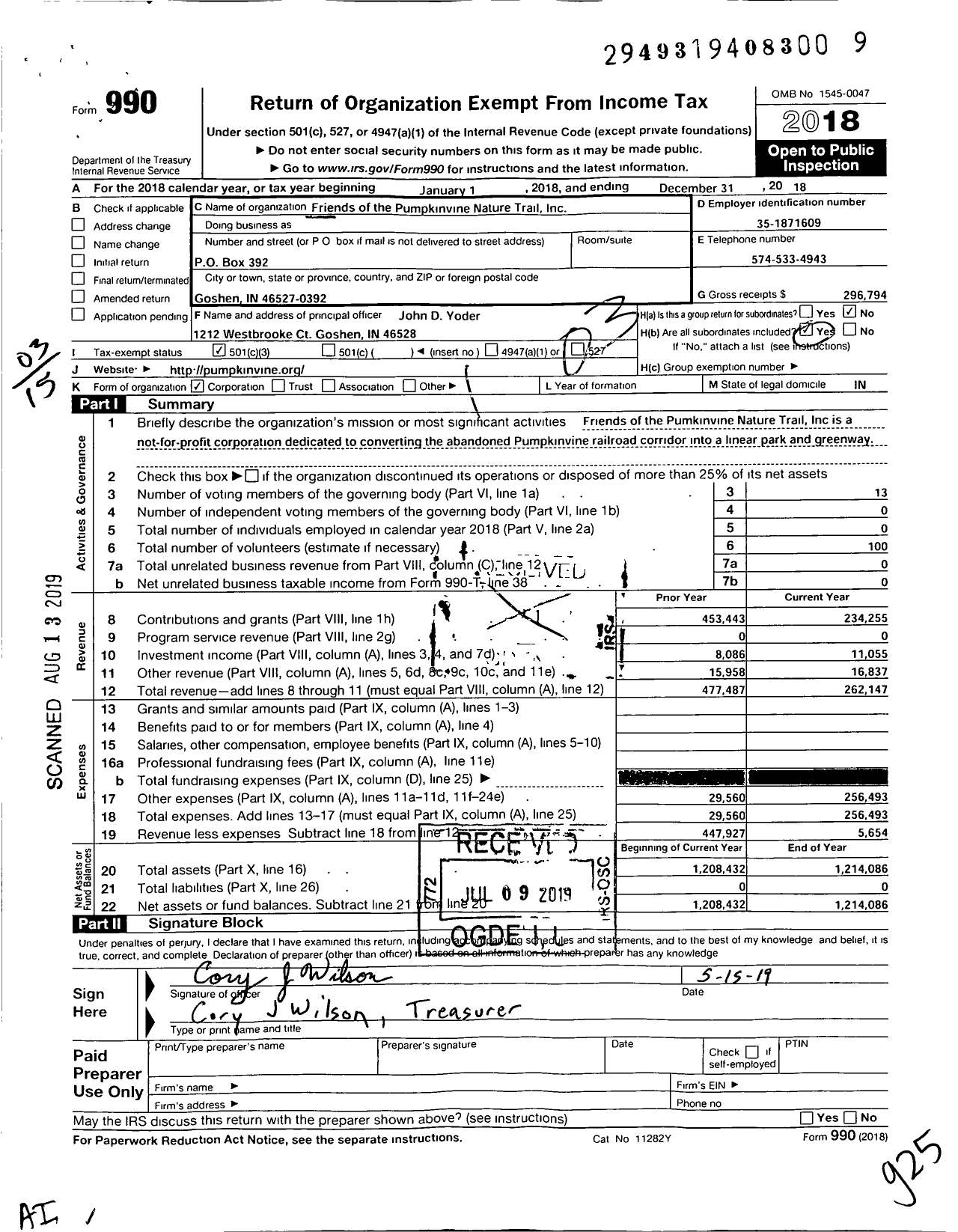 Image of first page of 2018 Form 990 for Friends of Pumpkinvine Nature Trail