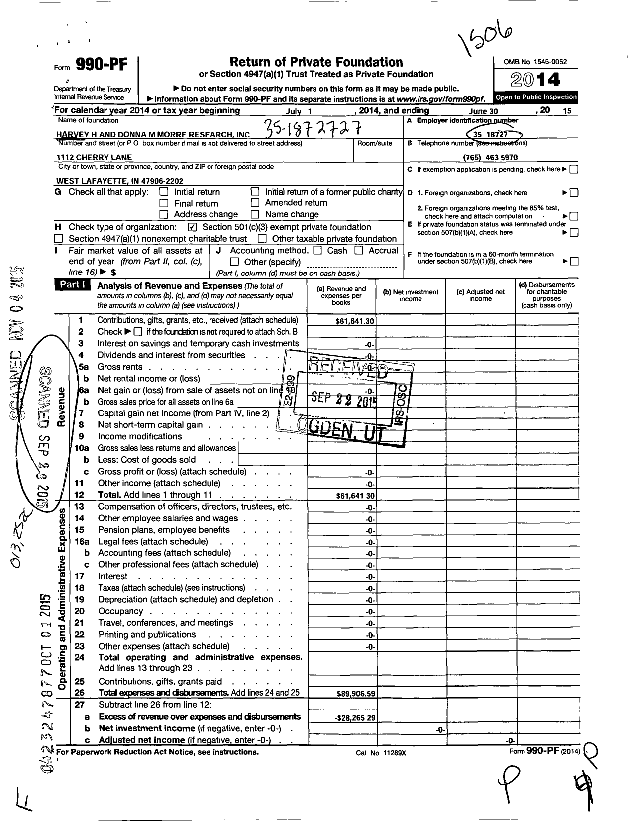 Image of first page of 2014 Form 990PF for Harvey H and Donna M Morre Foundati