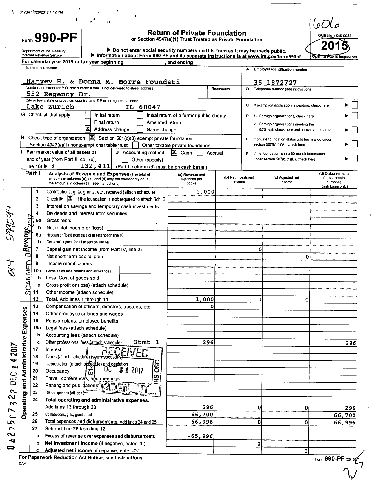 Image of first page of 2015 Form 990PF for Harvey H and Donna M Morre Foundati