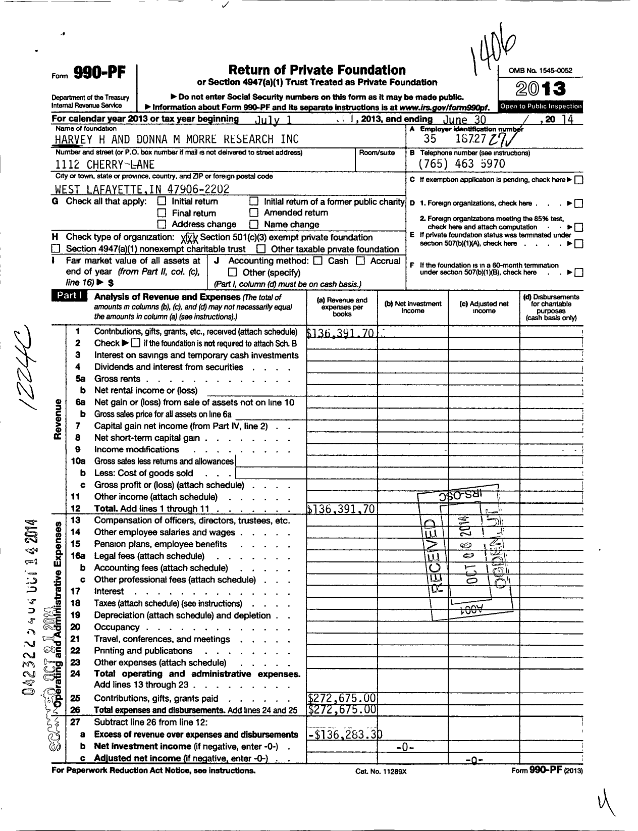 Image of first page of 2013 Form 990PF for Harvey H and Donna M Morre Foundati