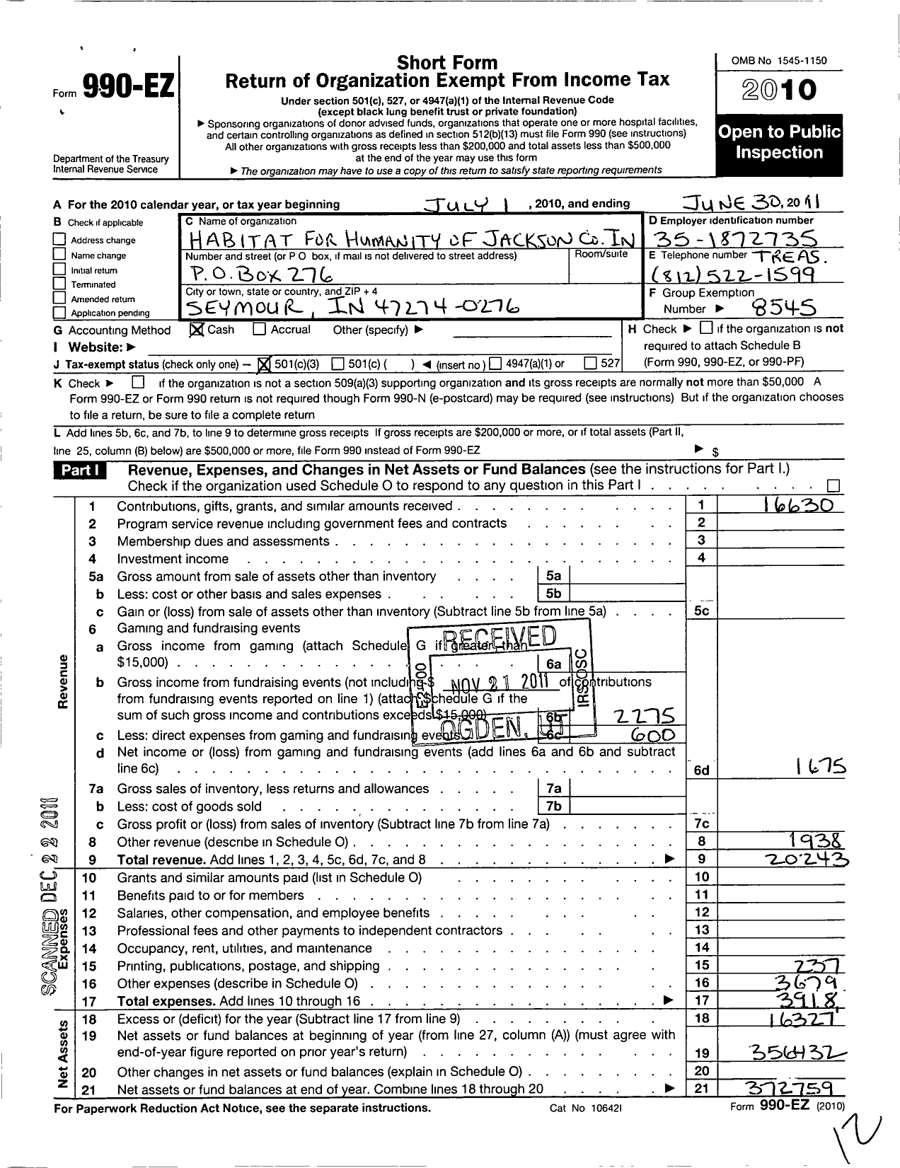 Image of first page of 2010 Form 990EZ for Habitat for Humanity International
