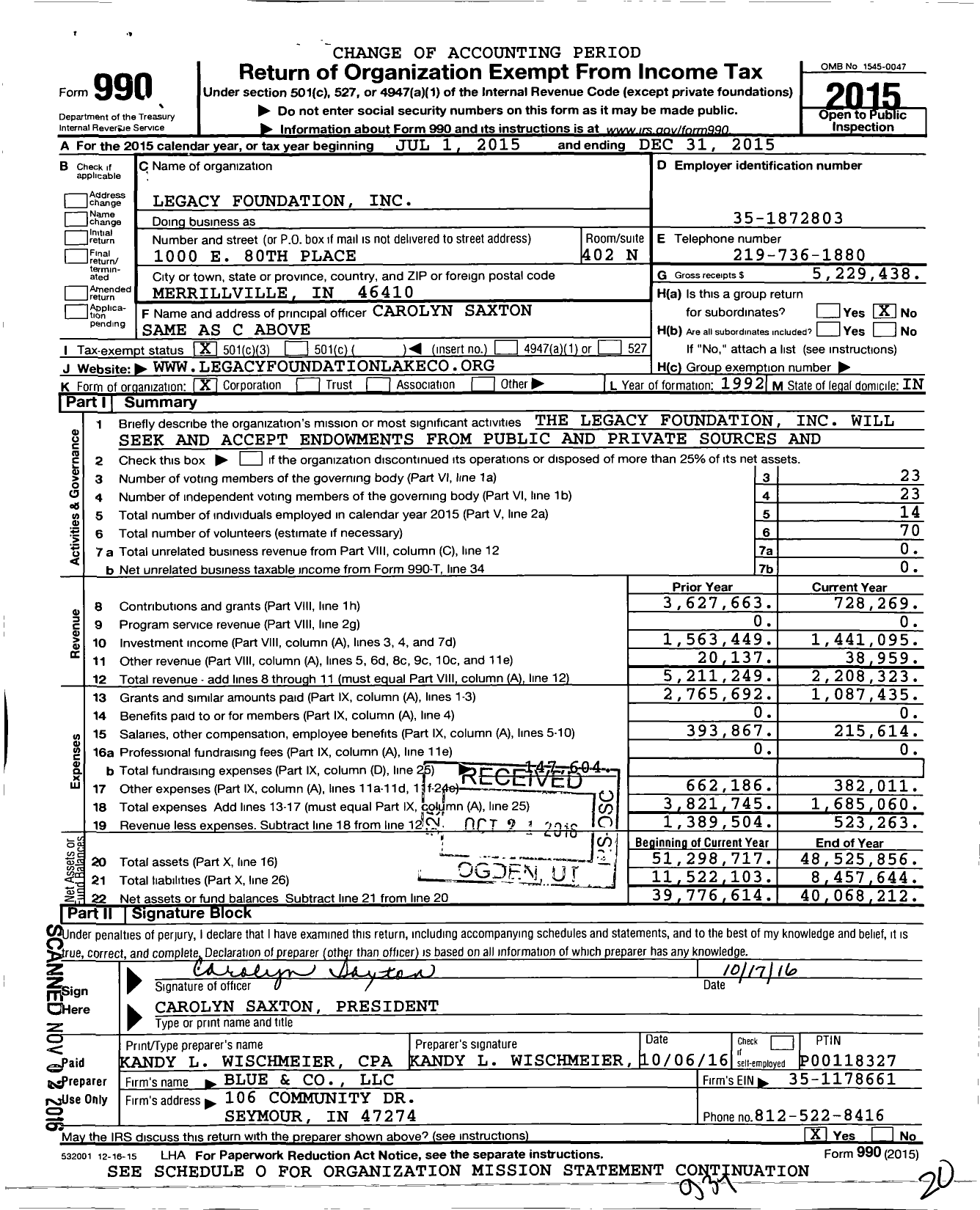 Image of first page of 2015 Form 990 for Legacy Foundation