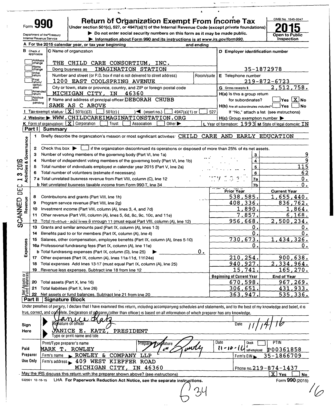 Image of first page of 2015 Form 990 for The Child Care Consortium