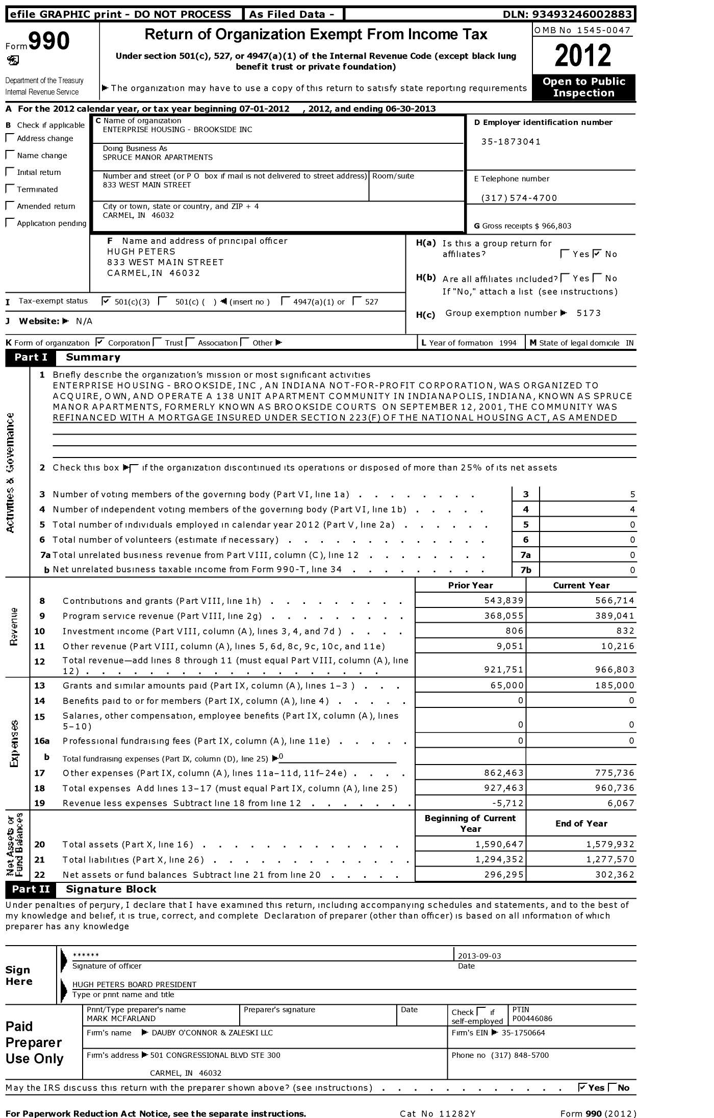 Image of first page of 2012 Form 990 for Spruce Manor Apartments