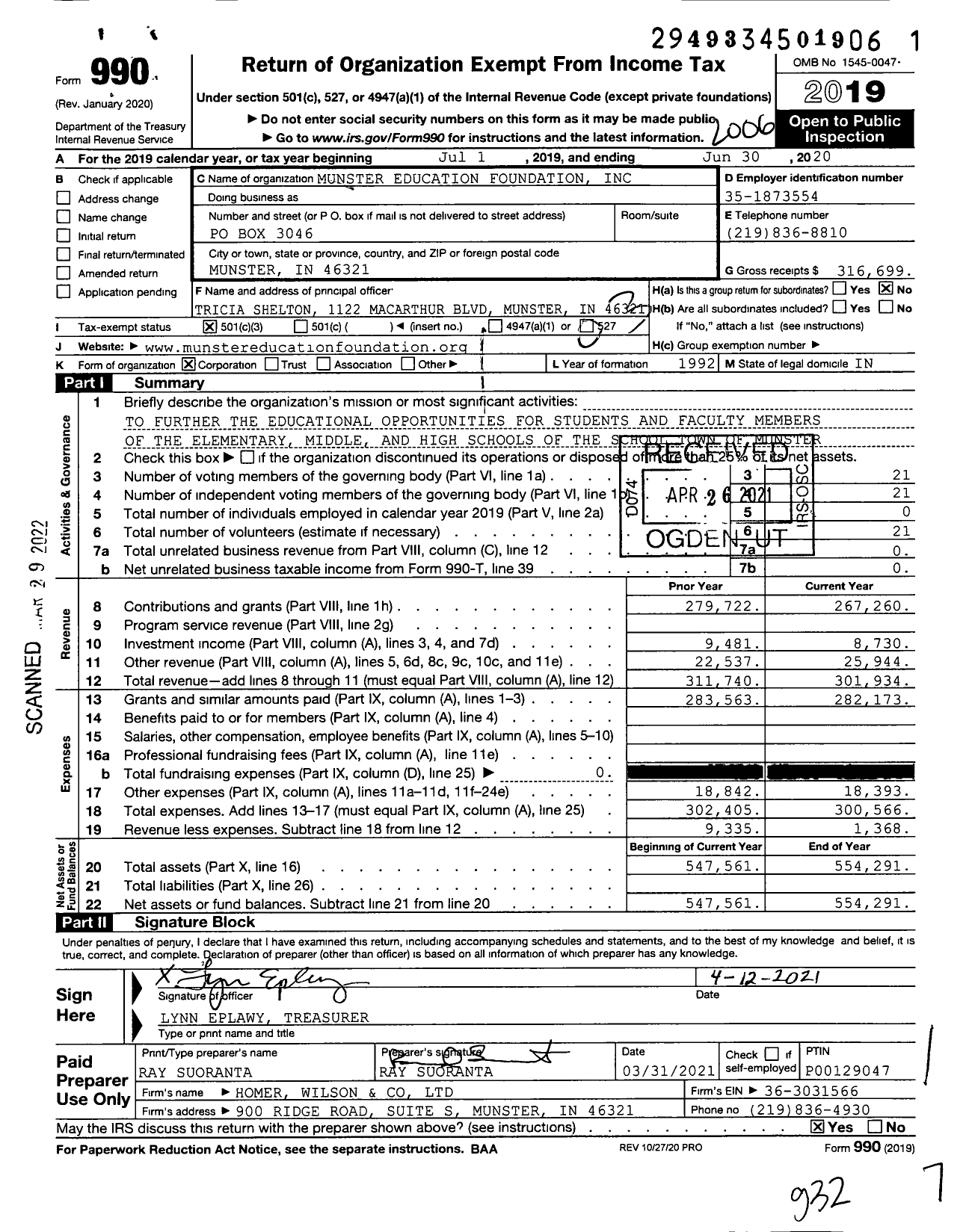 Image of first page of 2019 Form 990 for Munster Education Foundation