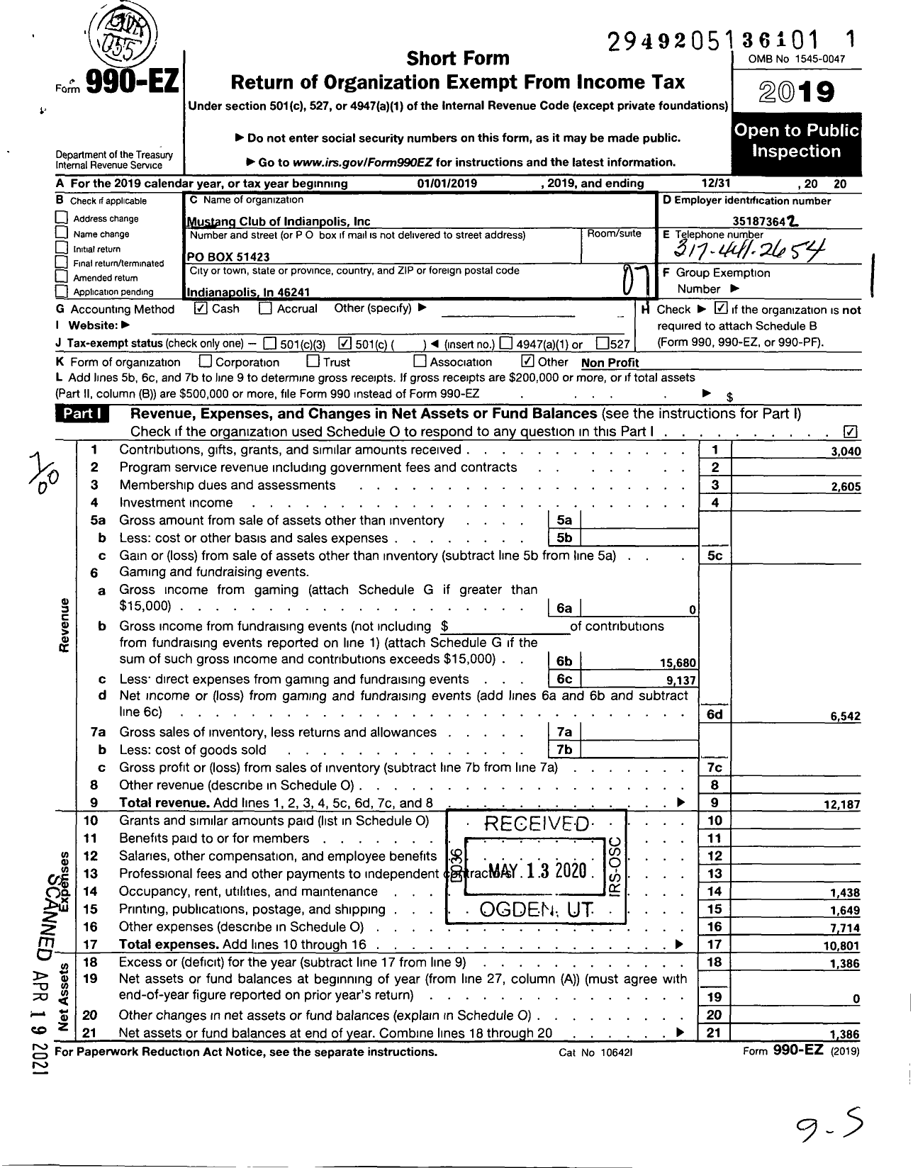 Image of first page of 2020 Form 990EO for Mustang Club of Indianapolis