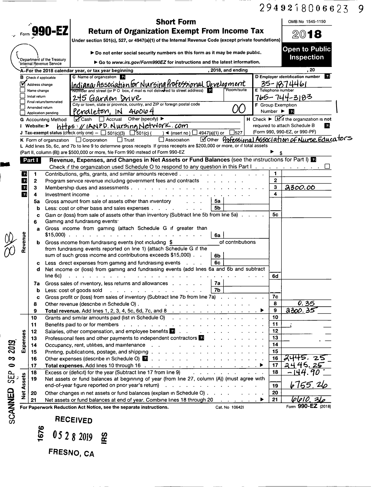 Image of first page of 2018 Form 990EO for Indiana Association for Nursing Professional Development (IANPD)