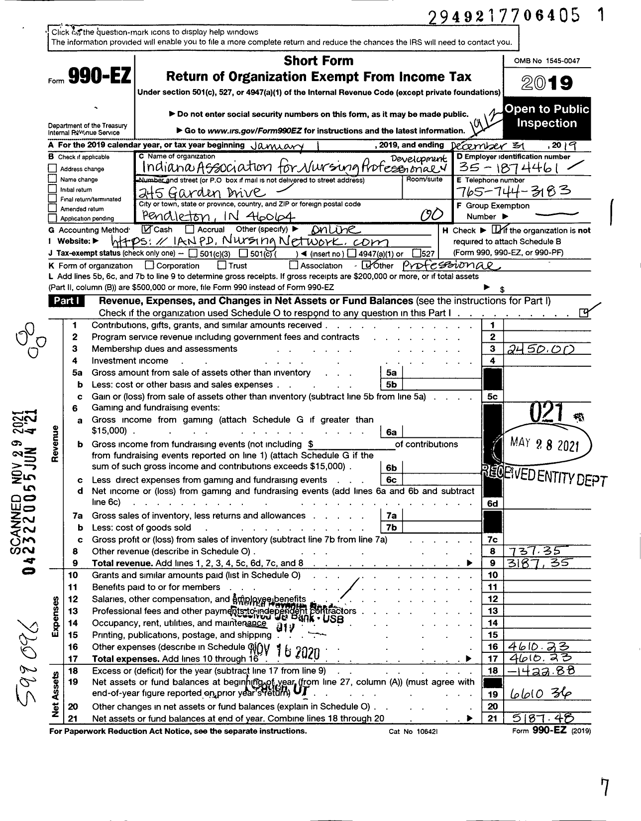 Image of first page of 2019 Form 990EO for Indiana Association for Nursing Professional Development (IANPD)