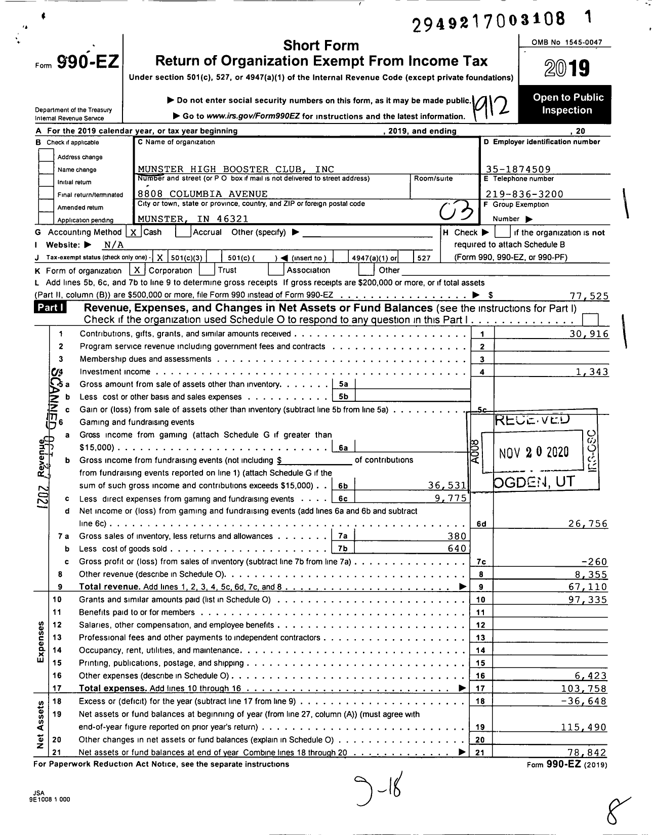 Image of first page of 2019 Form 990EZ for Munster High Booster Club