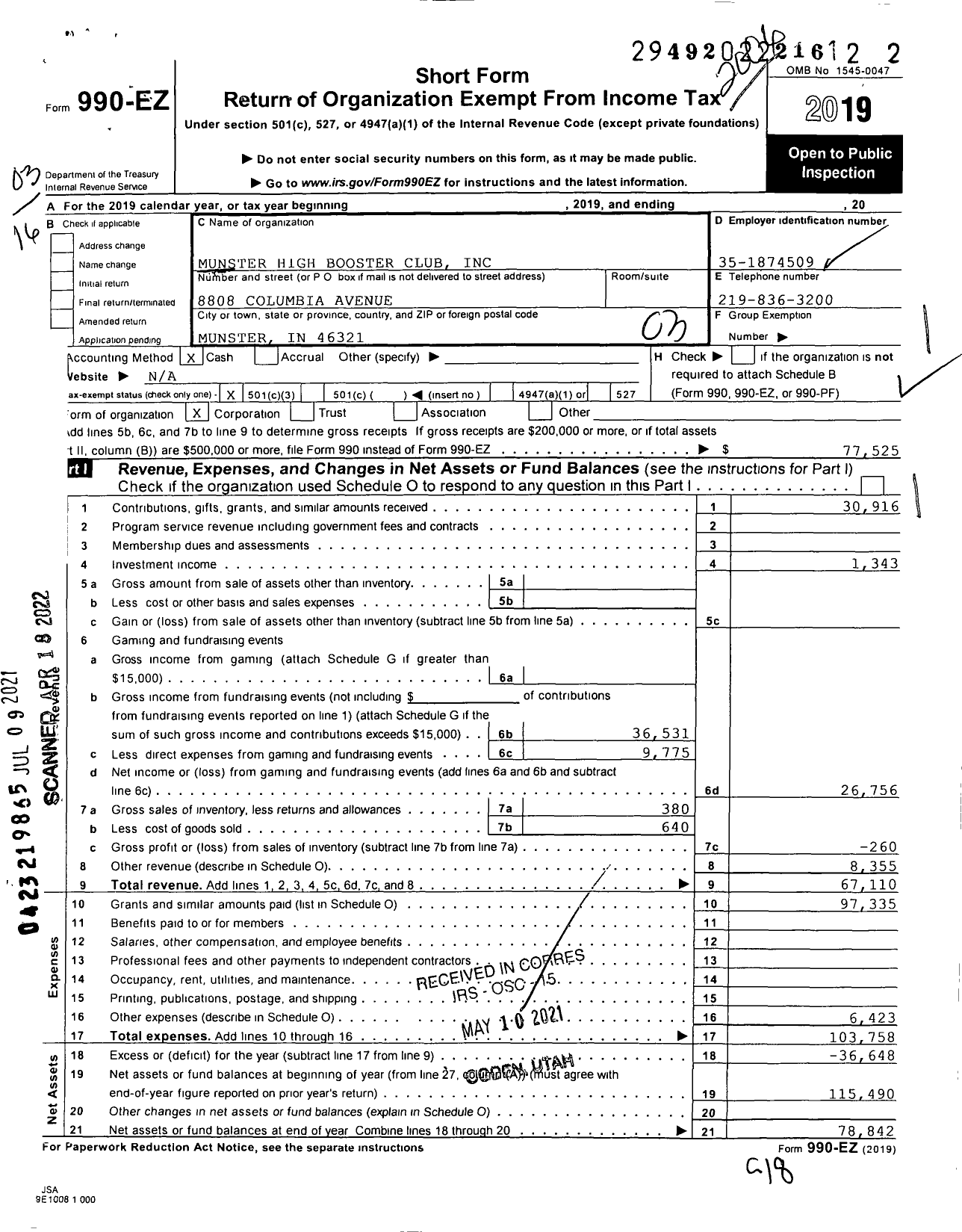 Image of first page of 2019 Form 990EZ for Munster High Booster Club