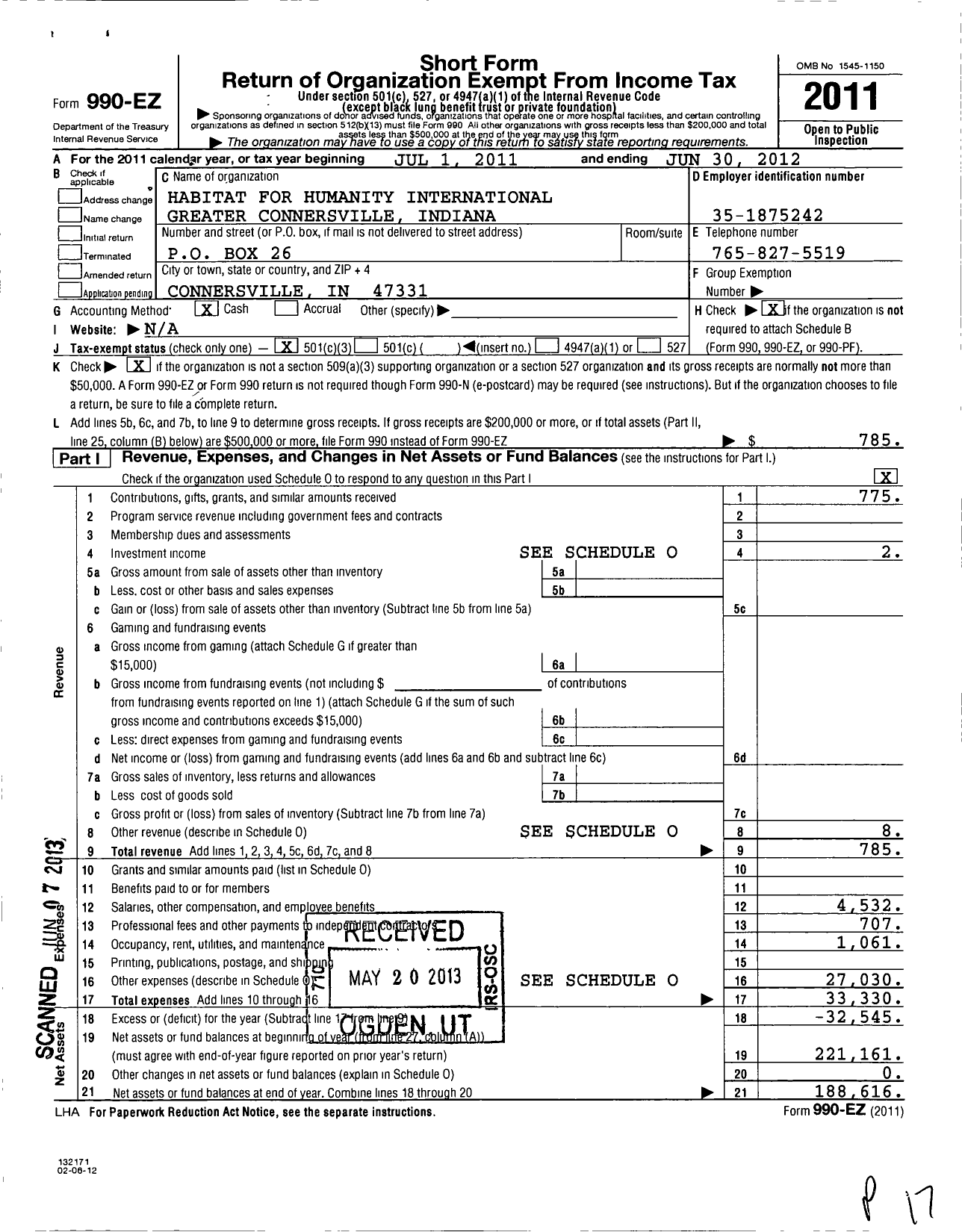 Image of first page of 2011 Form 990EZ for Habitat for Humanity - Connersville in HFH Greater