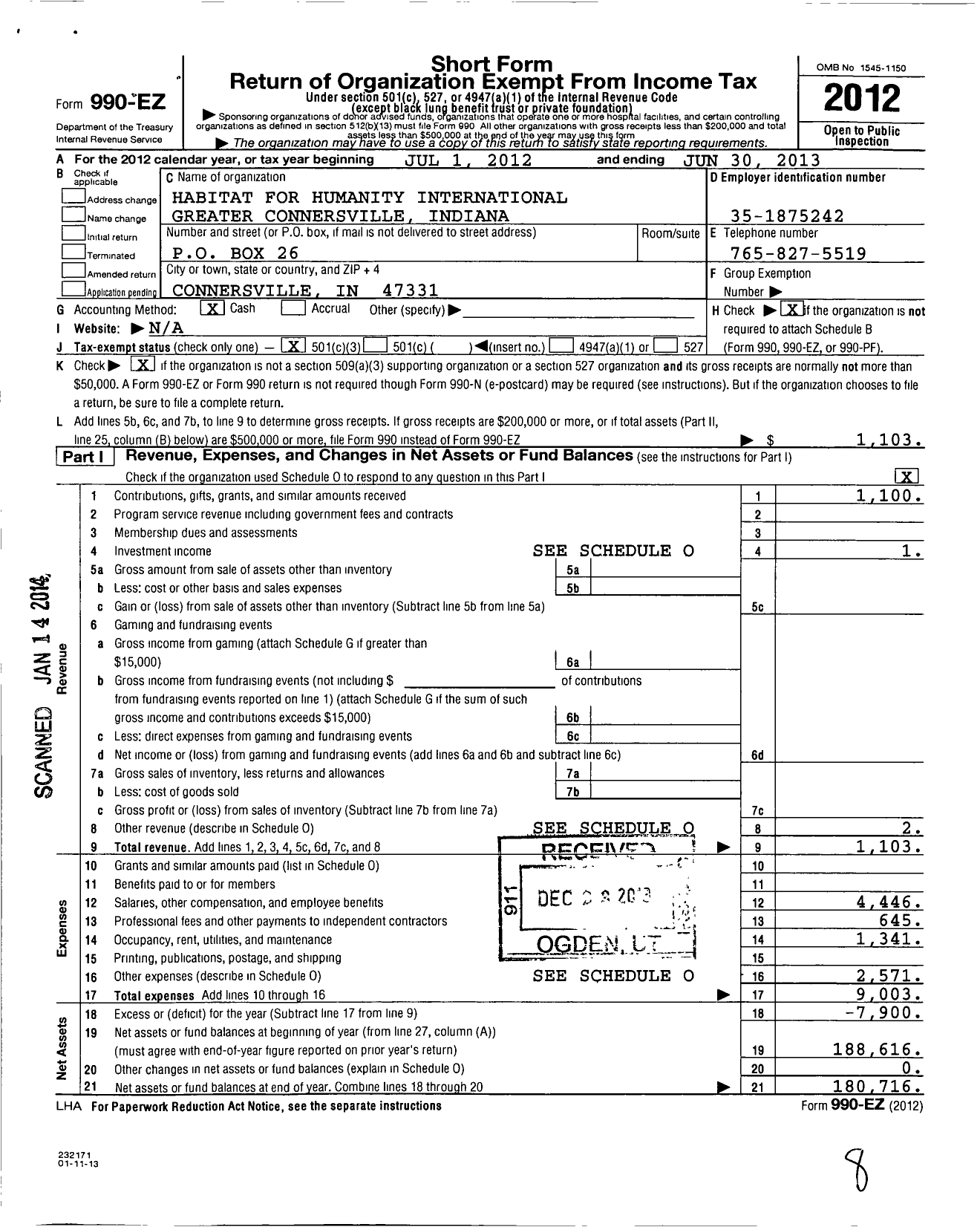Image of first page of 2012 Form 990EZ for Habitat for Humanity - Connersville in HFH Greater