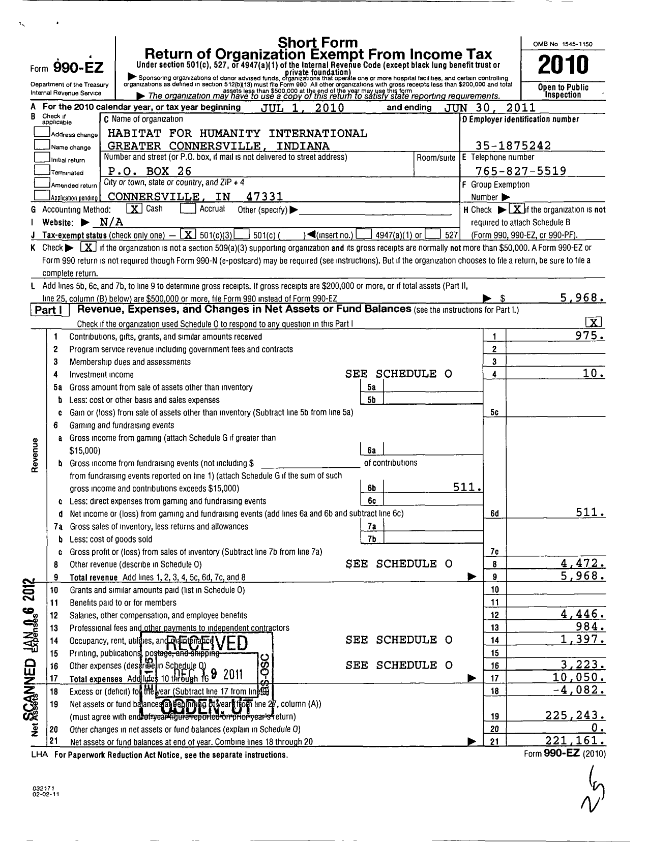 Image of first page of 2010 Form 990EZ for Habitat for Humanity - Connersville in HFH Greater
