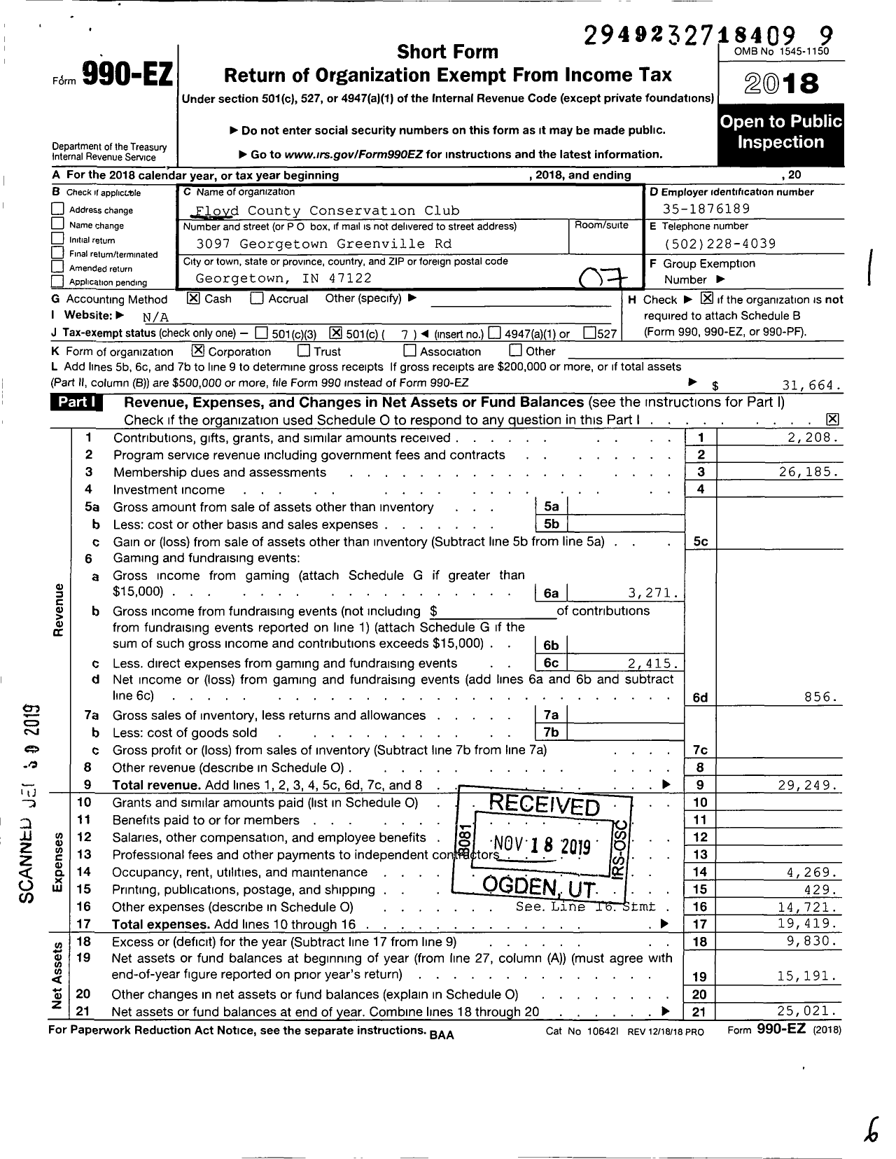 Image of first page of 2018 Form 990EO for Floyd County Conservation Club