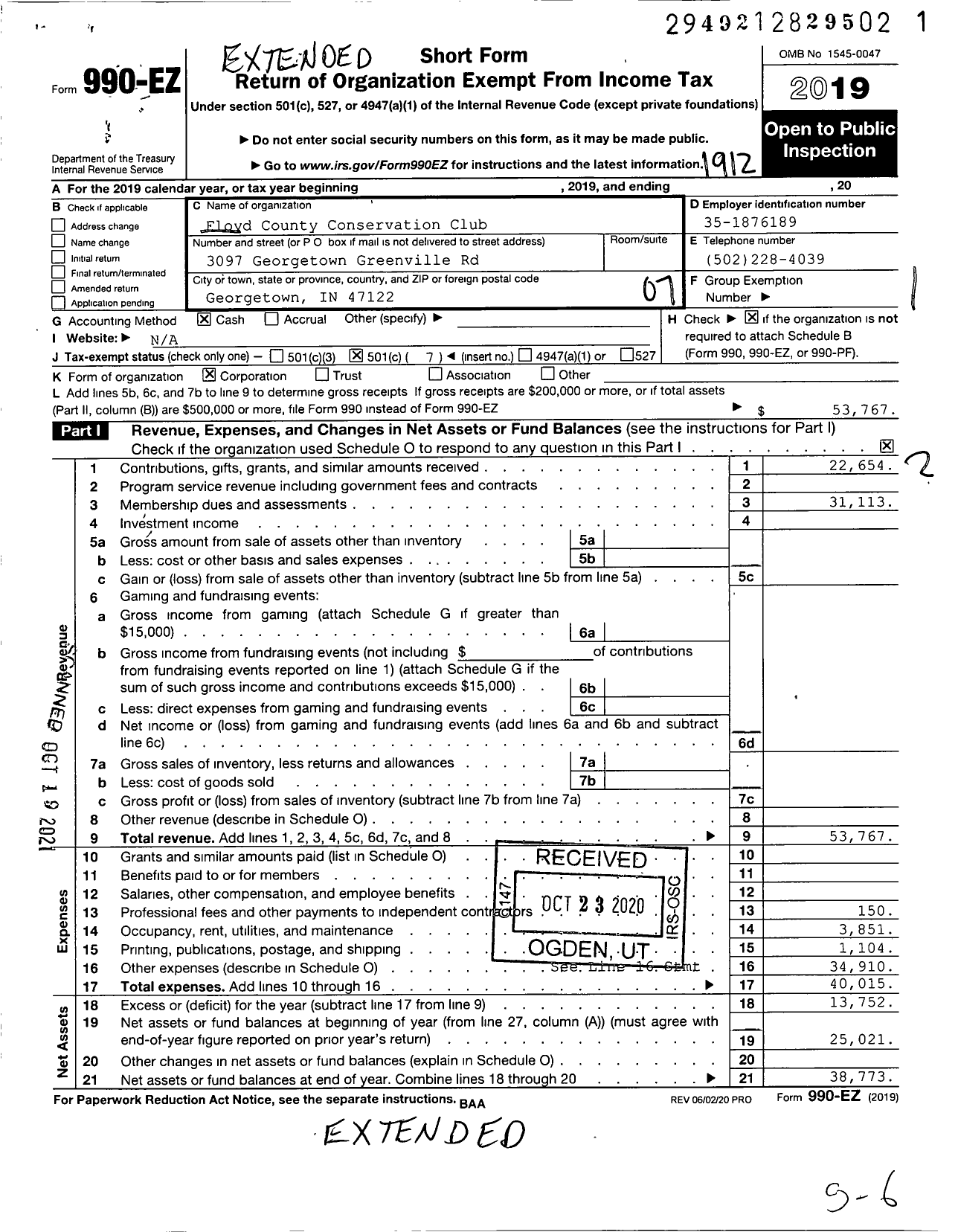 Image of first page of 2019 Form 990EO for Floyd County Conservation Club