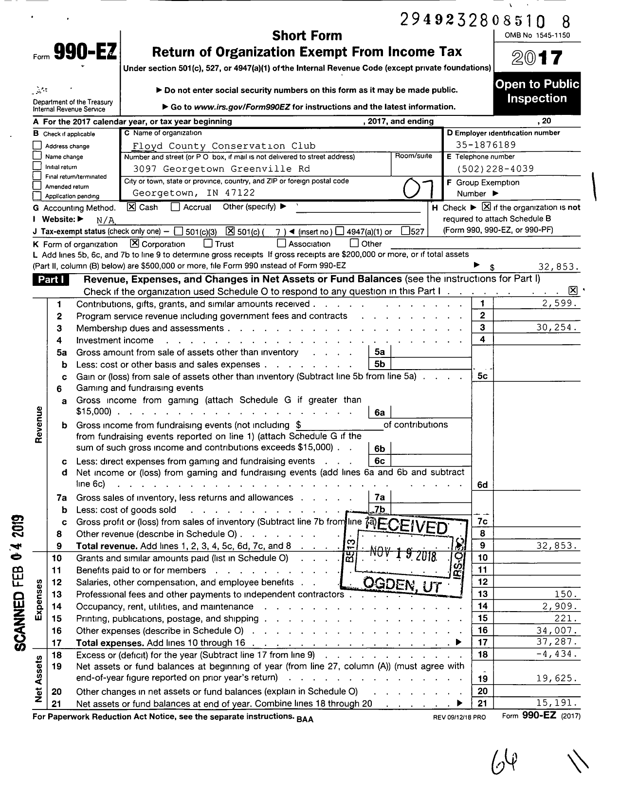 Image of first page of 2017 Form 990EO for Floyd County Conservation Club