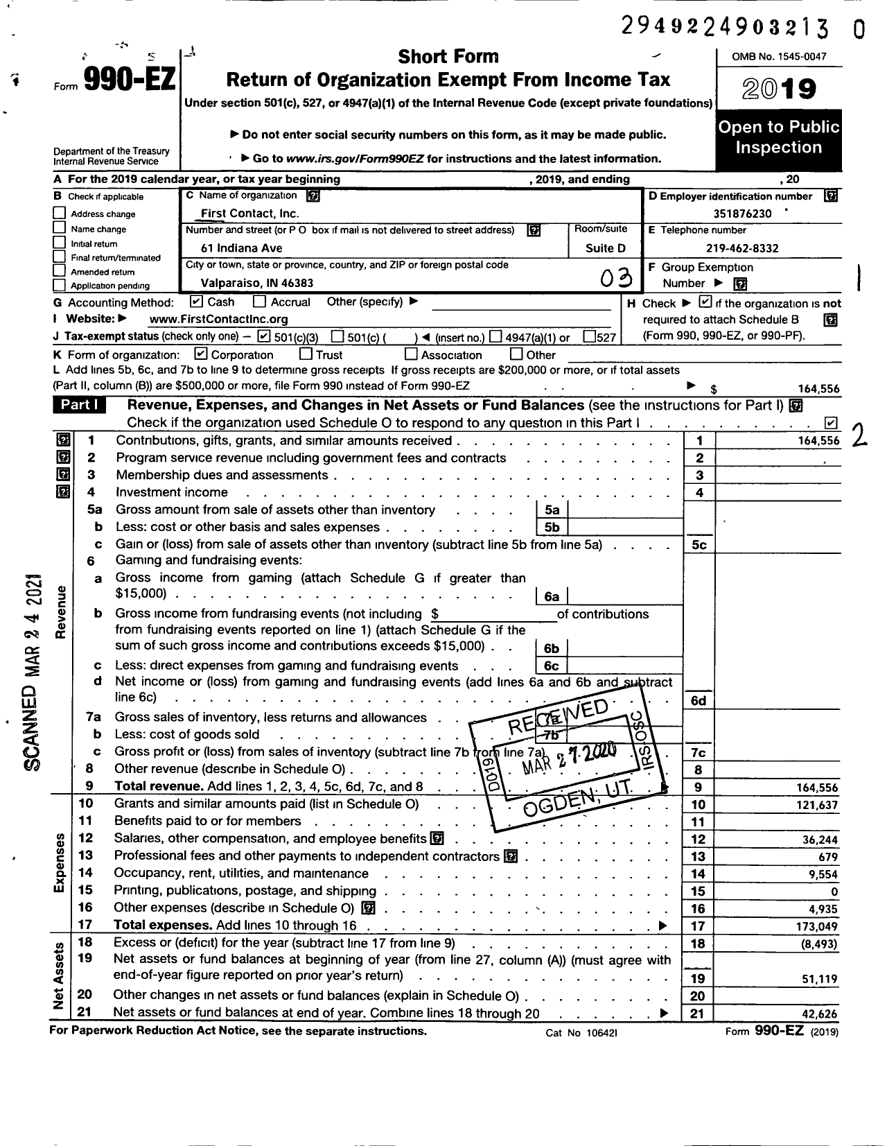 Image of first page of 2019 Form 990EZ for First Contact Incorporated