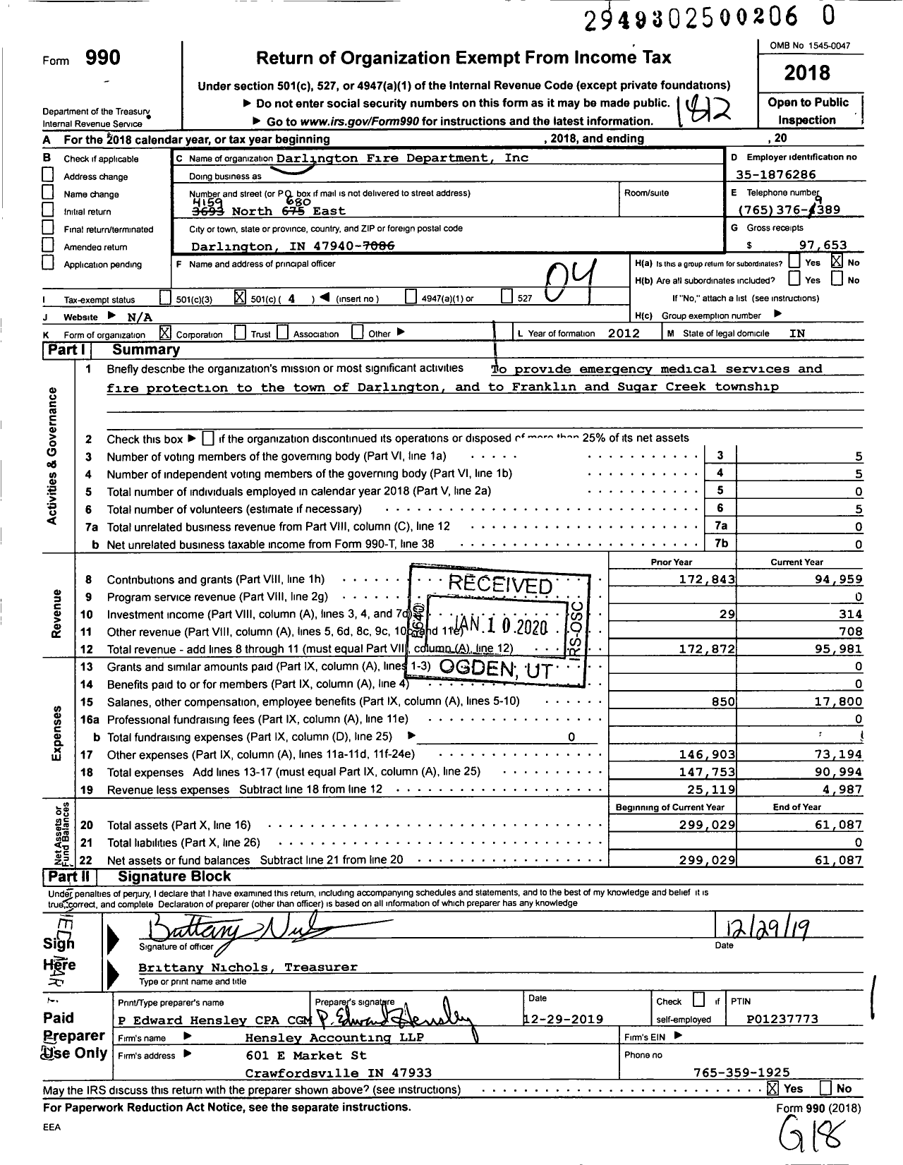 Image of first page of 2018 Form 990O for Darlington Fire Department