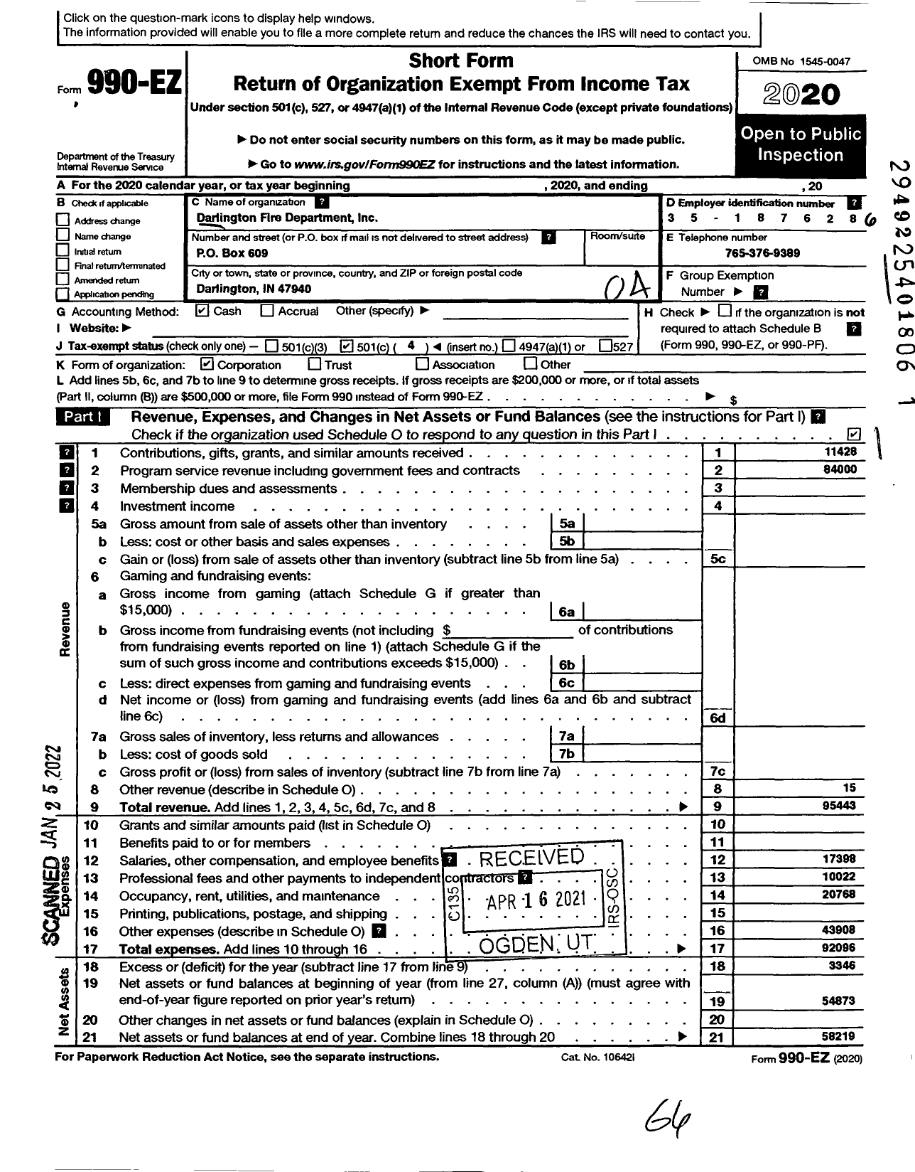 Image of first page of 2020 Form 990EO for Darlington Fire Department