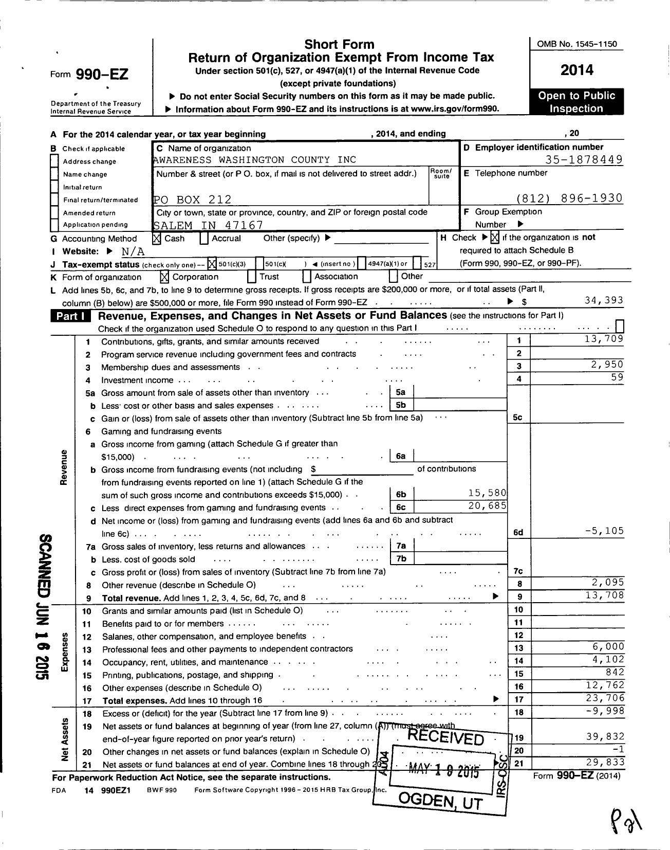 Image of first page of 2014 Form 990EZ for Awareness Washington County