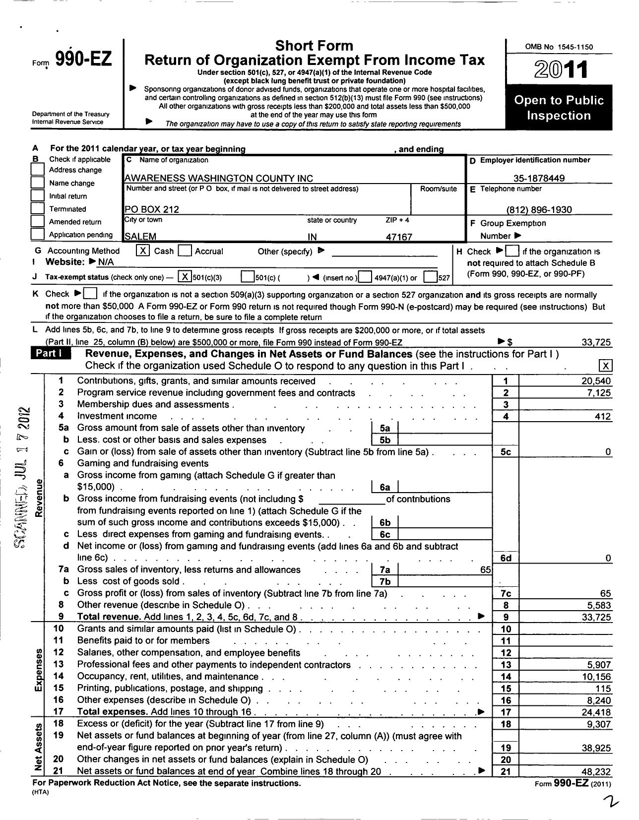 Image of first page of 2011 Form 990EZ for Awareness Washington County