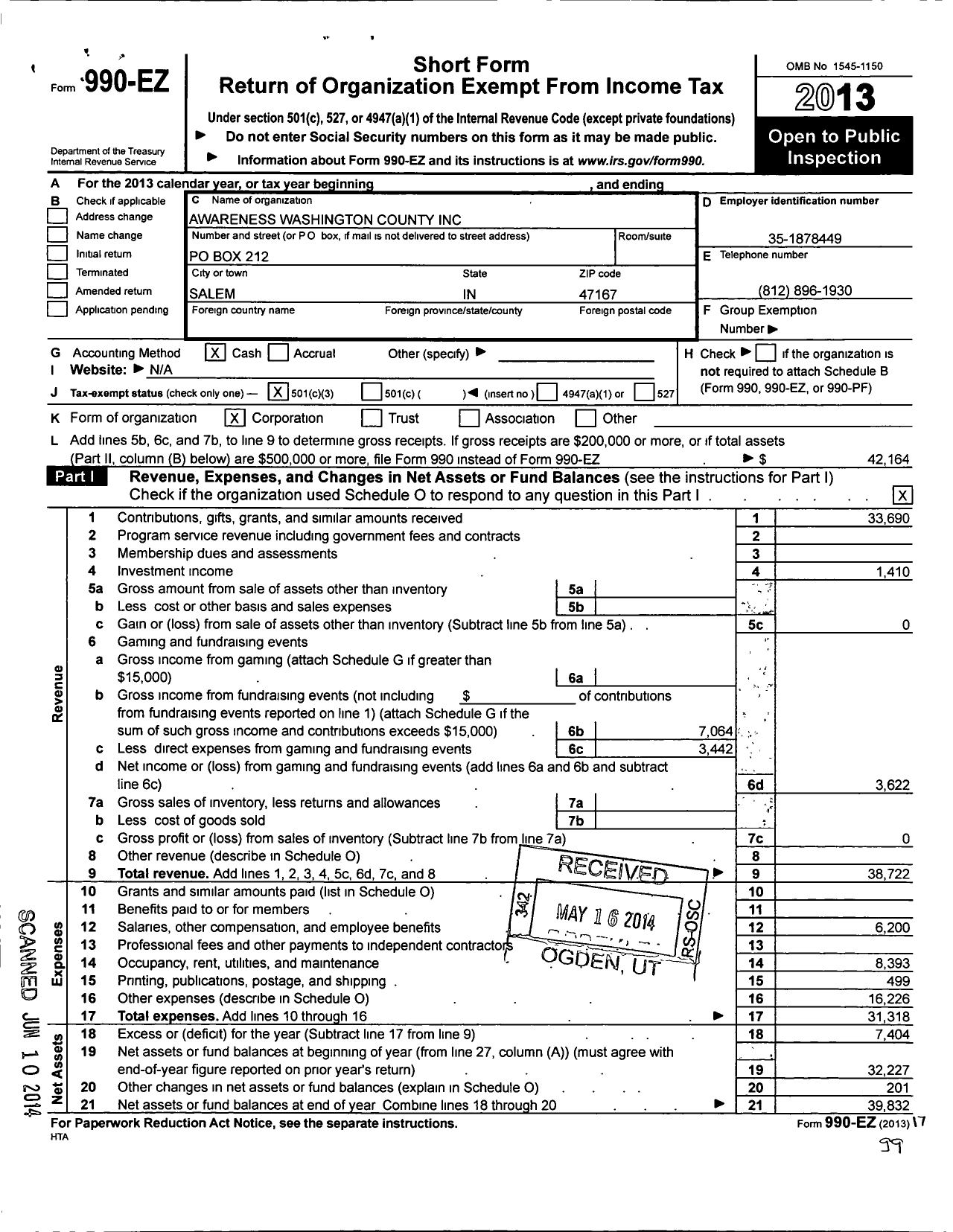 Image of first page of 2013 Form 990EZ for Awareness Washington County