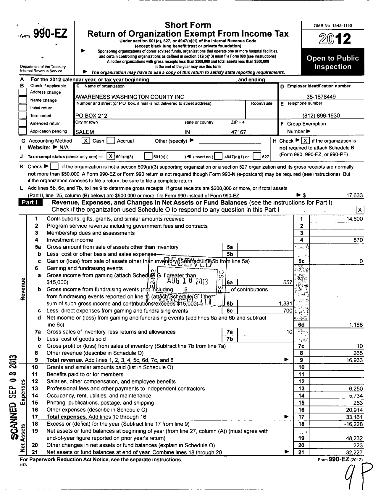 Image of first page of 2012 Form 990EZ for Awareness Washington County