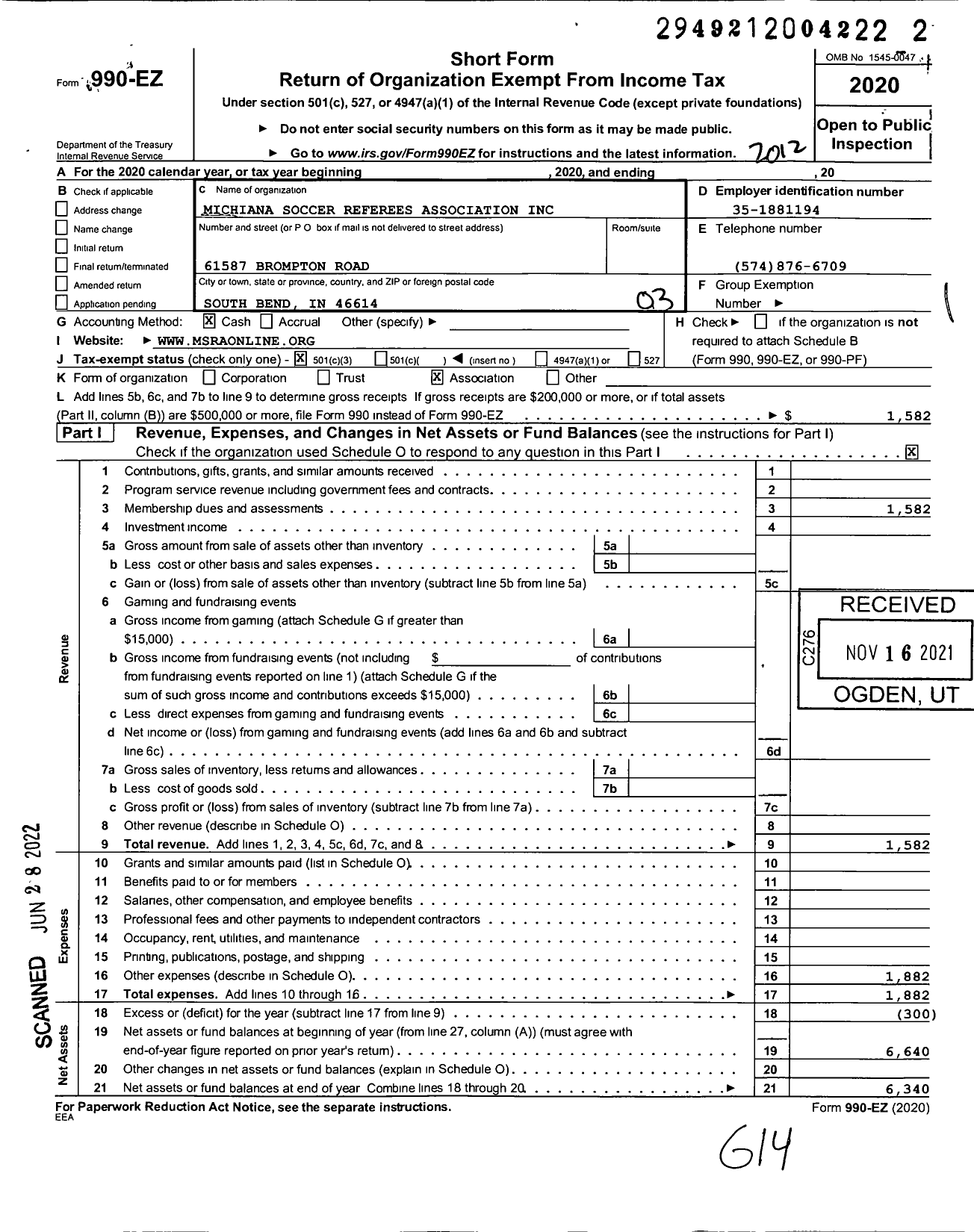 Image of first page of 2020 Form 990EZ for Michiana Soccer Referees Association