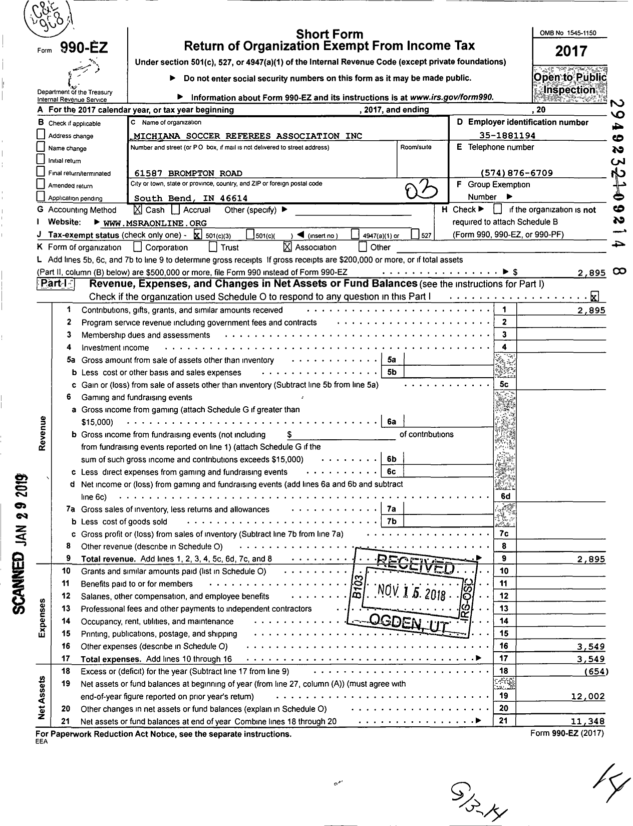 Image of first page of 2017 Form 990EZ for Michiana Soccer Referees Association