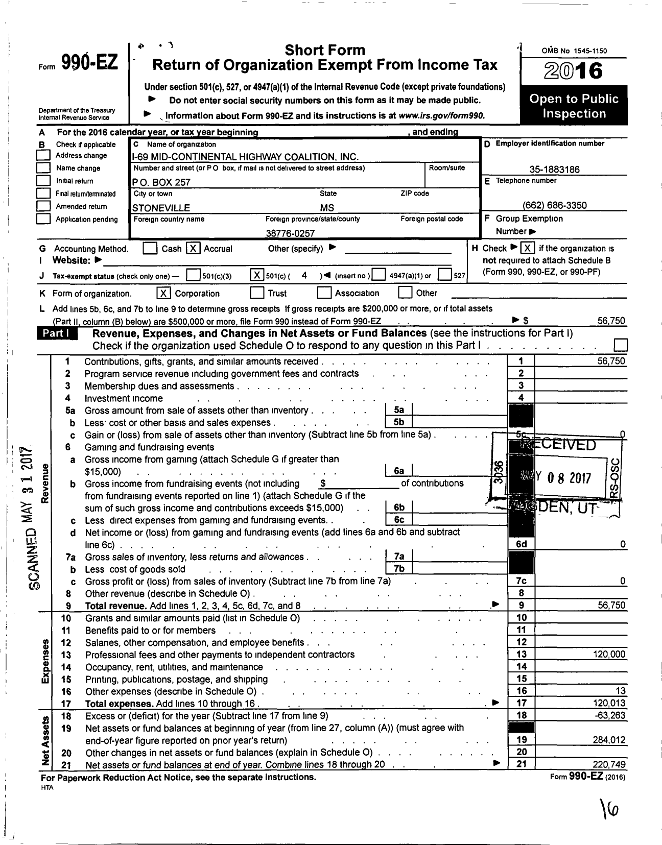 Image of first page of 2016 Form 990EO for I-69 Mid-Delta Highway Coalition