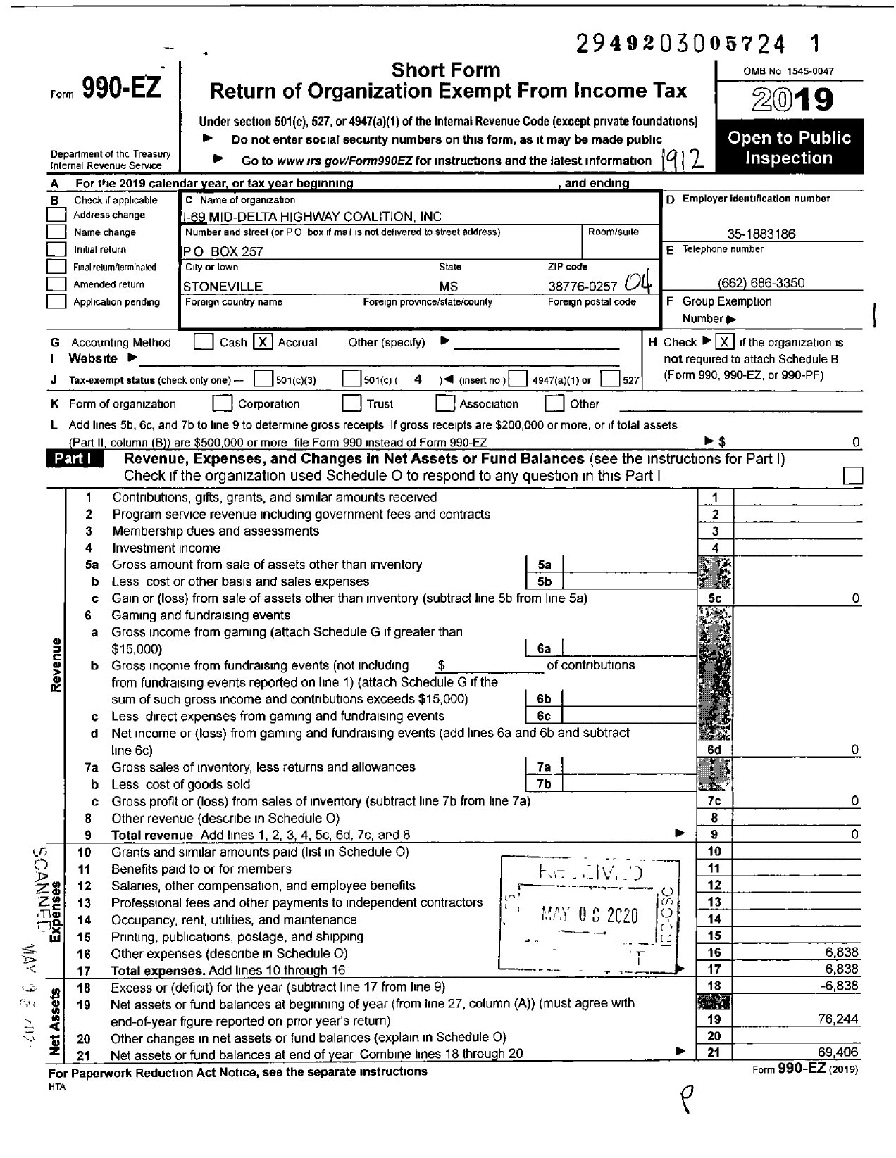 Image of first page of 2019 Form 990EO for I-69 Mid-Delta Highway Coalition