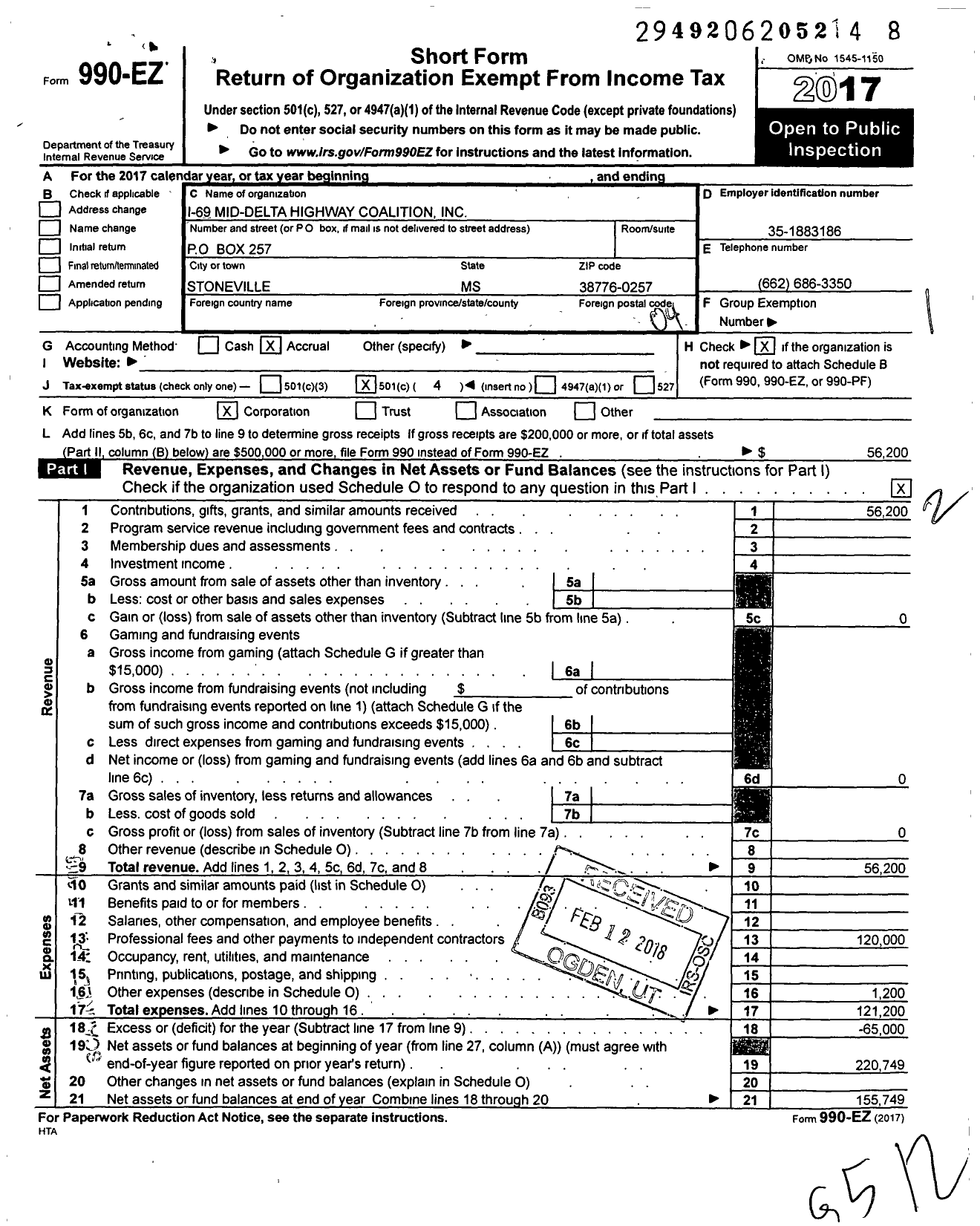 Image of first page of 2017 Form 990EO for I-69 Mid-Delta Highway Coalition