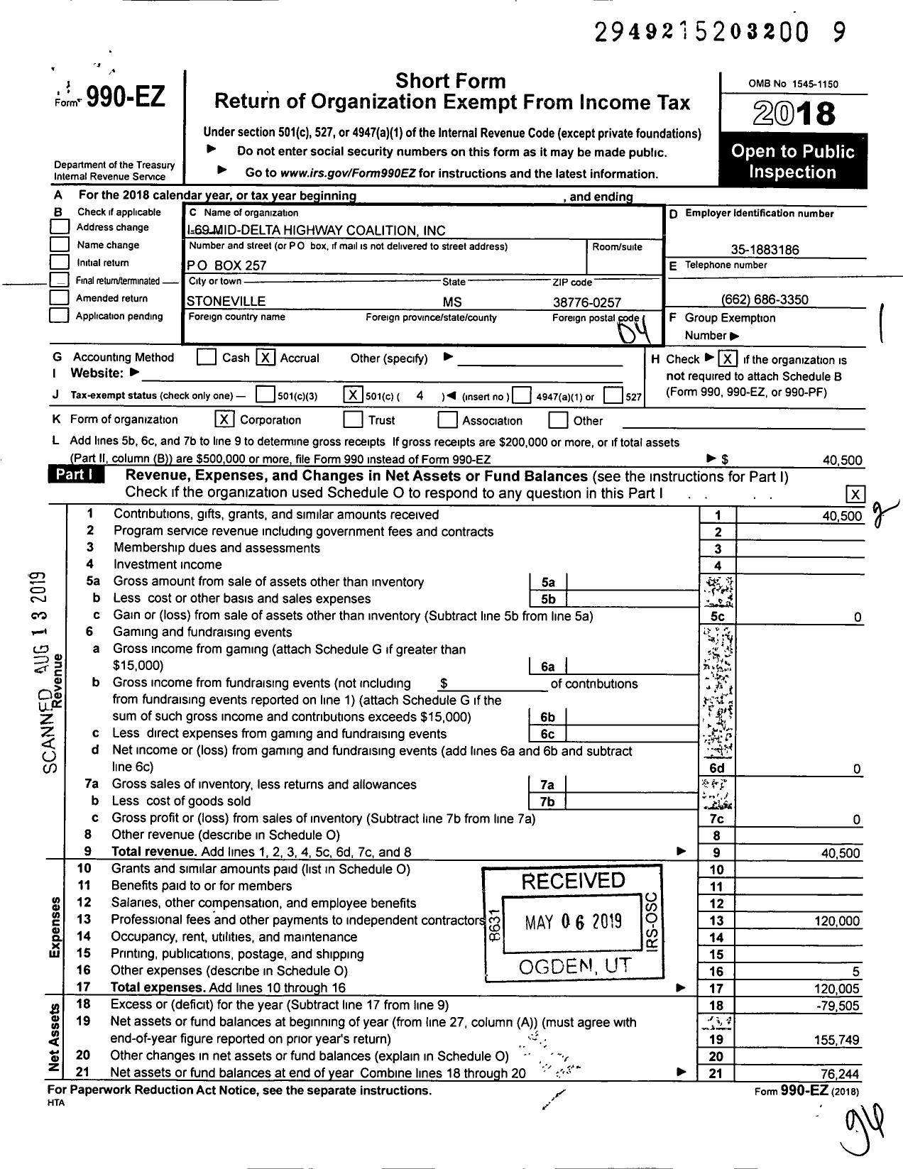 Image of first page of 2018 Form 990EO for I-69 Mid-Delta Highway Coalition