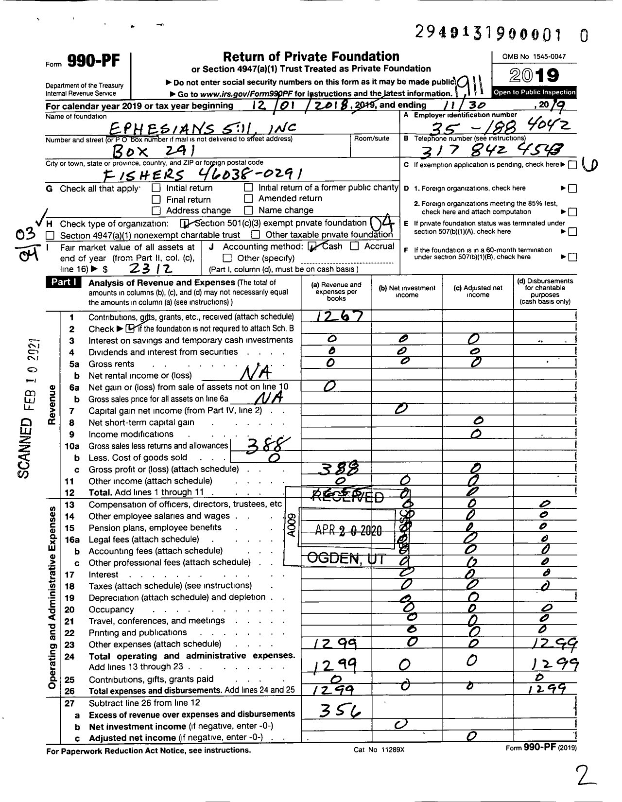 Image of first page of 2018 Form 990PF for Ephesians 5 11