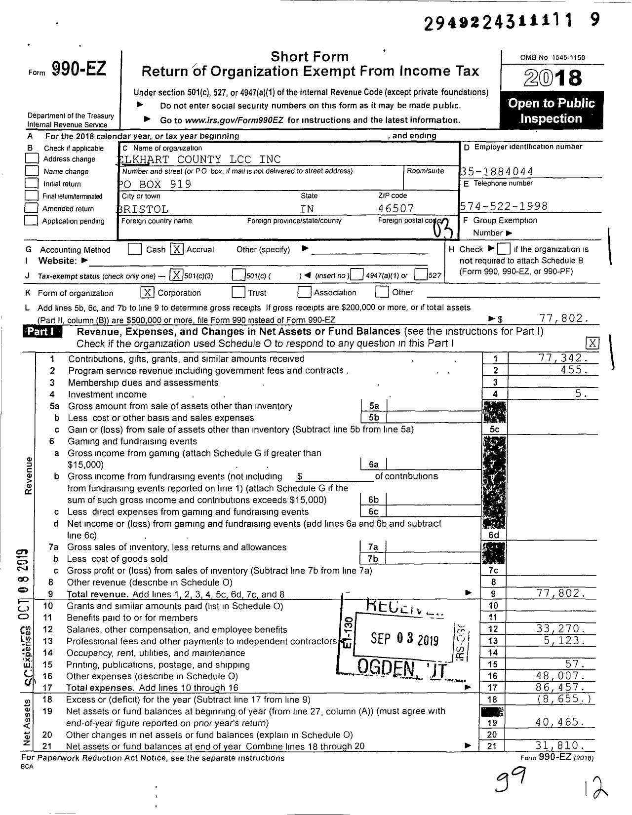 Image of first page of 2018 Form 990EZ for Elkhart County Drug-Free Partnershi