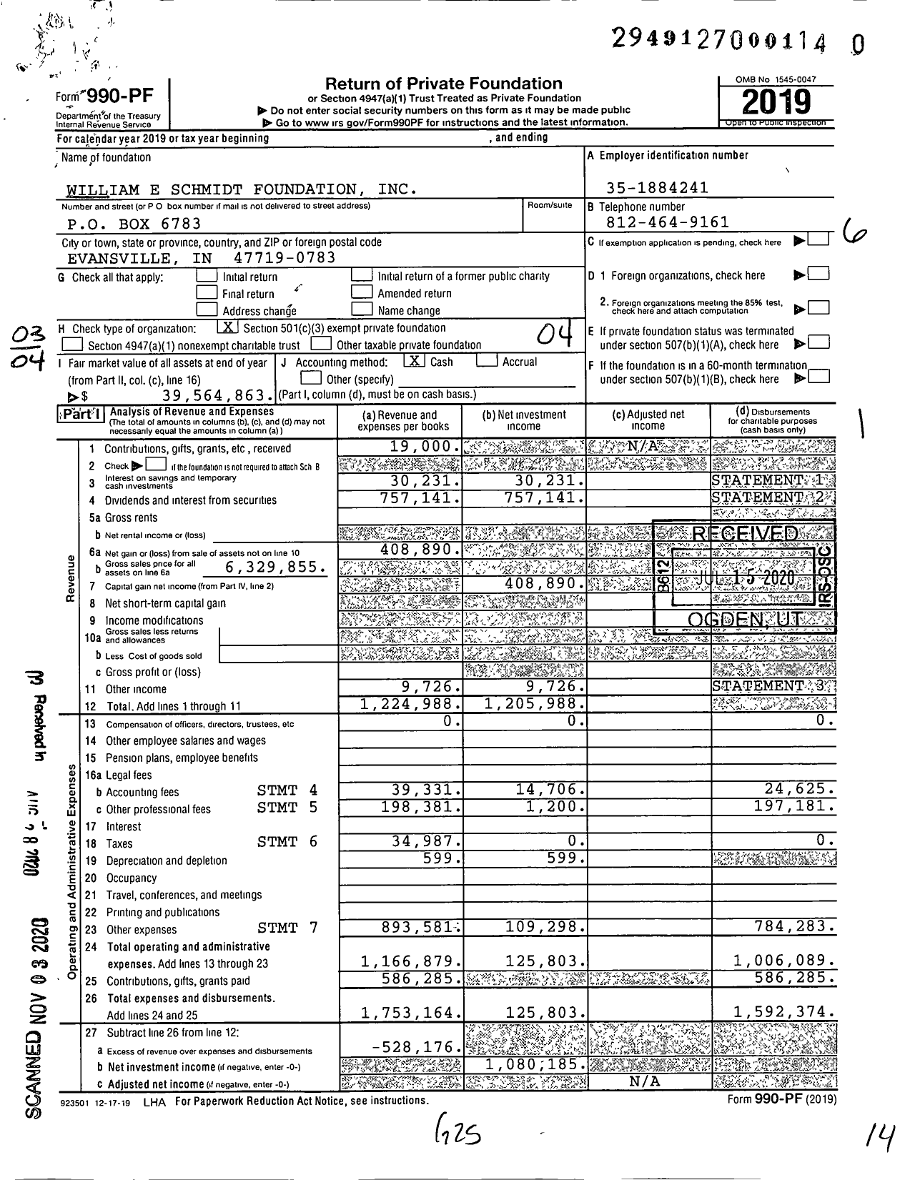 Image of first page of 2019 Form 990PF for William E Schmidt Foundation