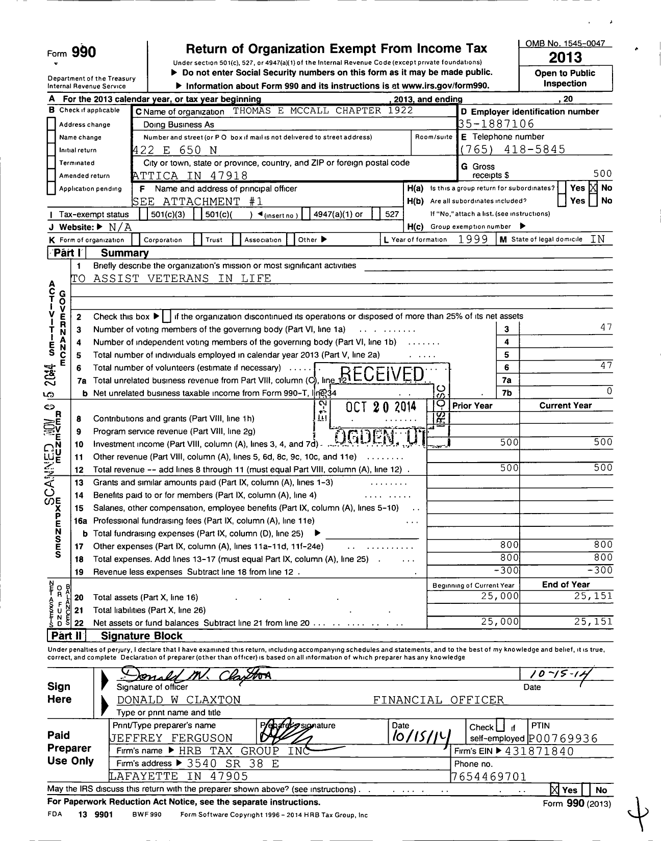 Image of first page of 2013 Form 990O for Military Order of the Purple Heart - 1922 Chapter