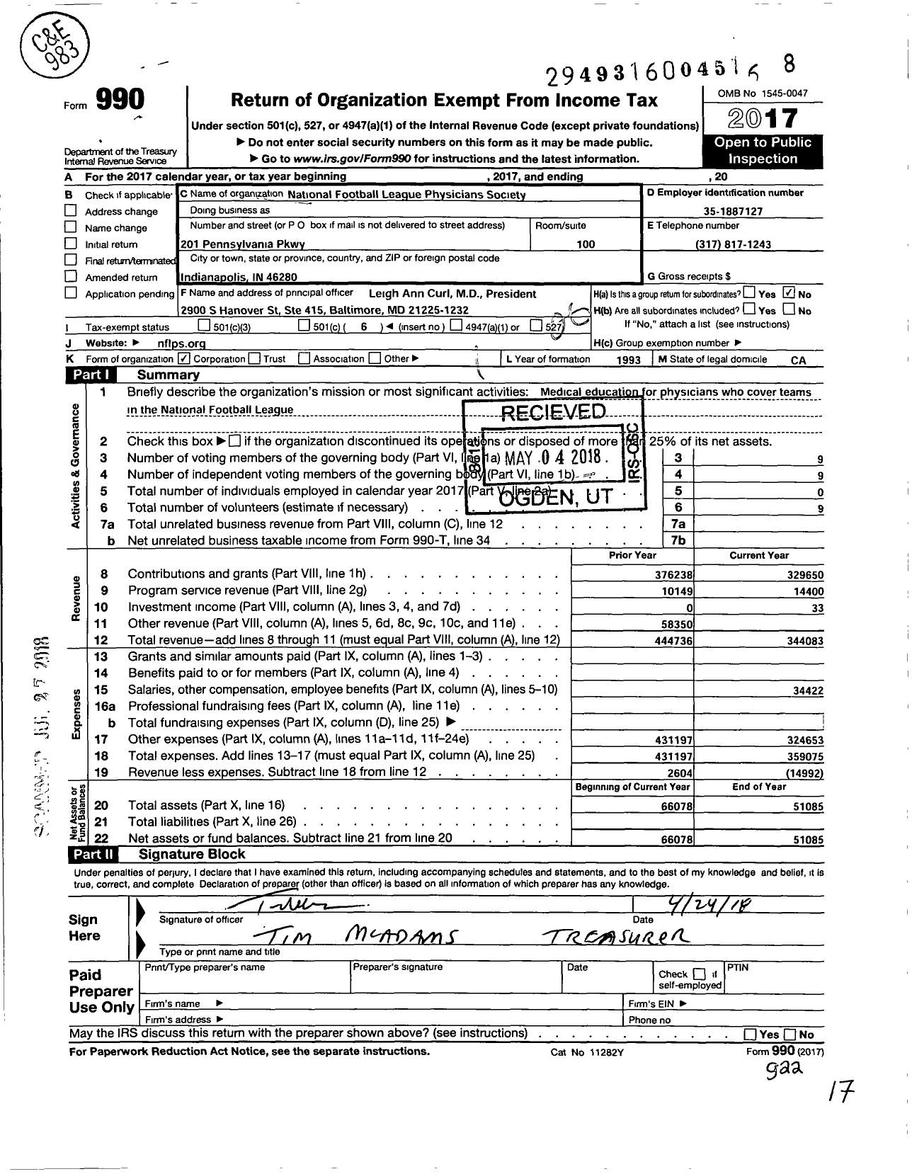 Image of first page of 2017 Form 990O for National Football League Physicians Society