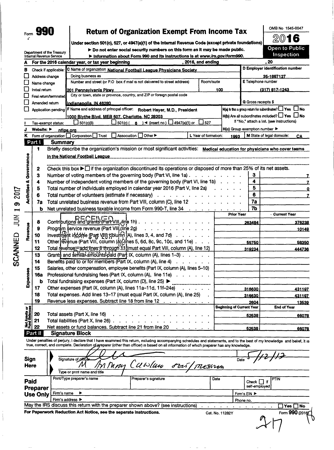 Image of first page of 2016 Form 990O for National Football League Physicians Society