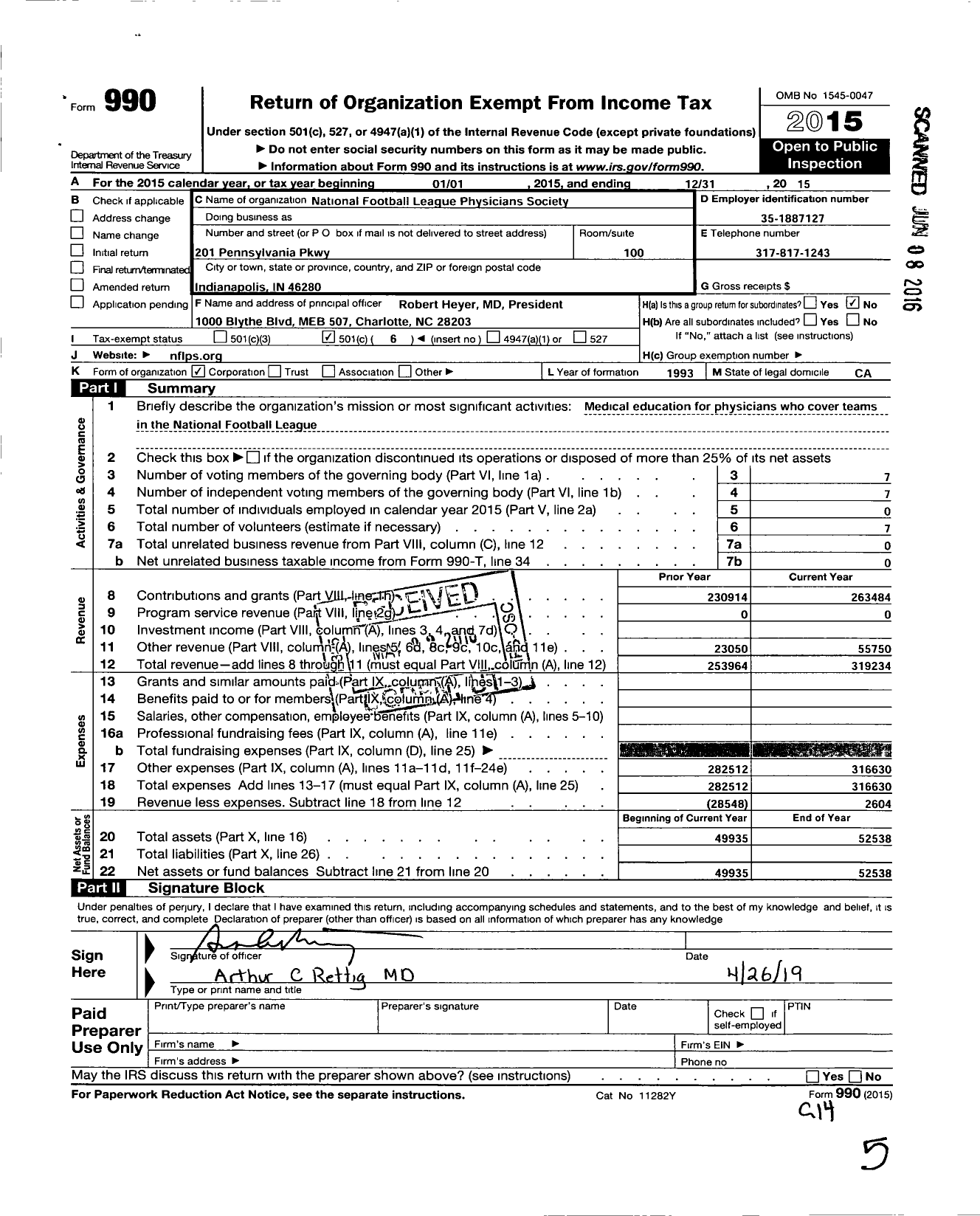 Image of first page of 2015 Form 990O for National Football League Physicians Society