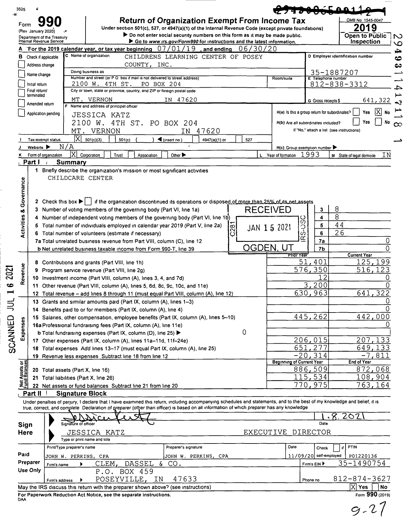 Image of first page of 2019 Form 990 for Childrens Learning Center of Posey County