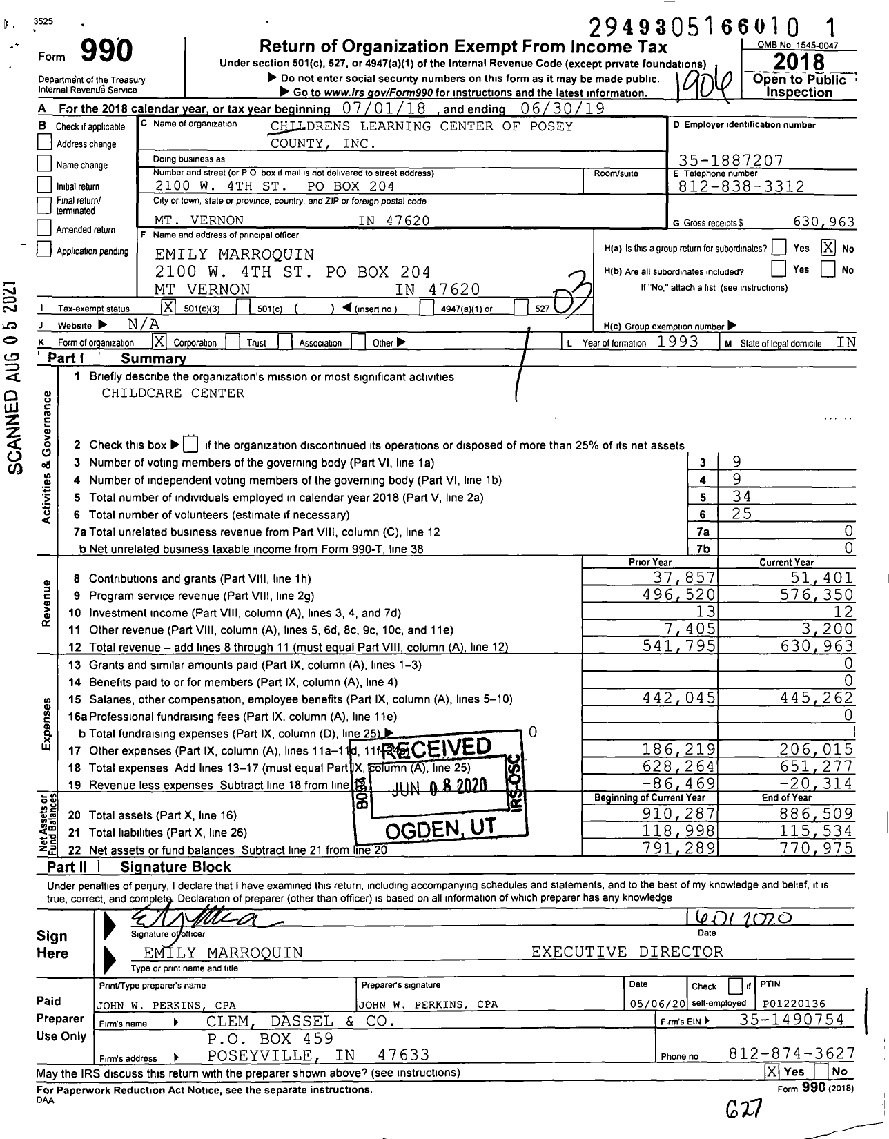 Image of first page of 2018 Form 990 for Childrens Learning Center of Posey County