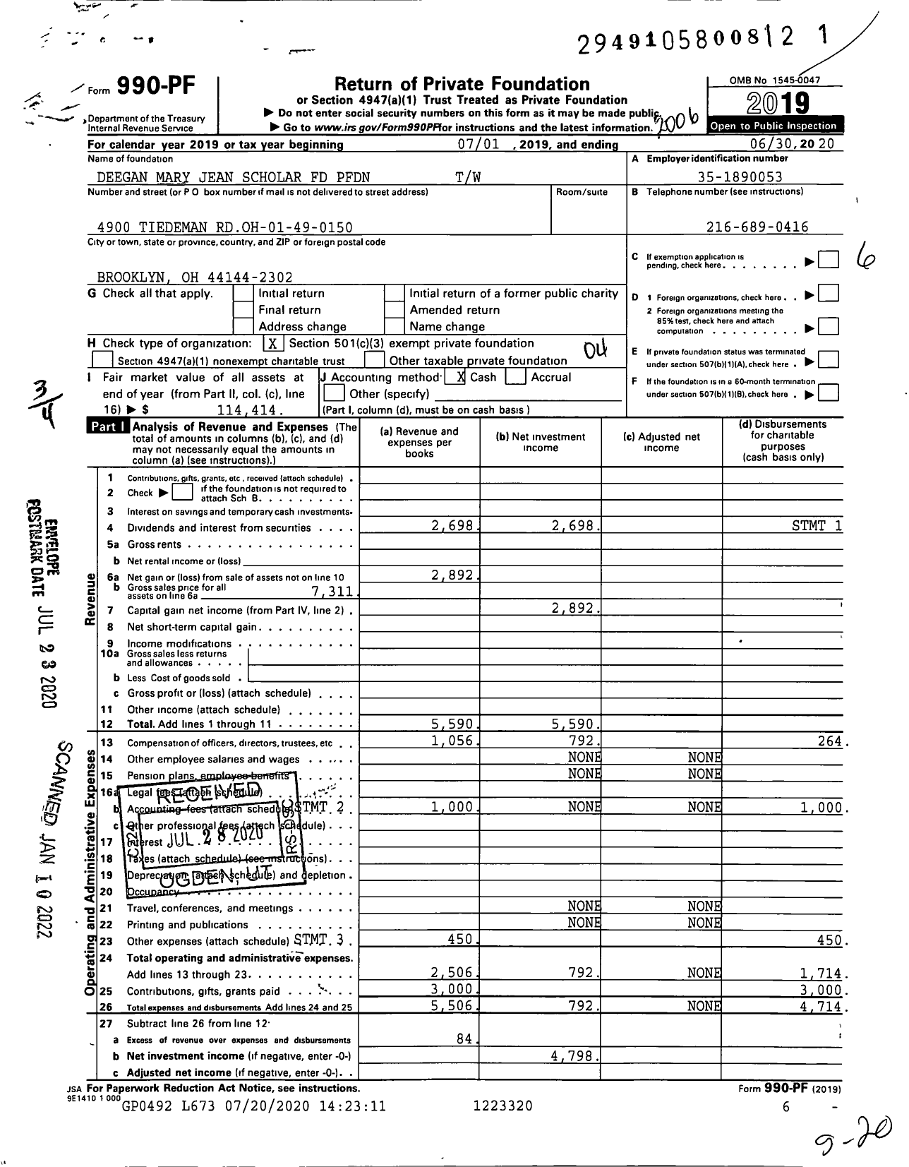 Image of first page of 2019 Form 990PF for Deegan Mary Jean Scholar FD PFDN TW