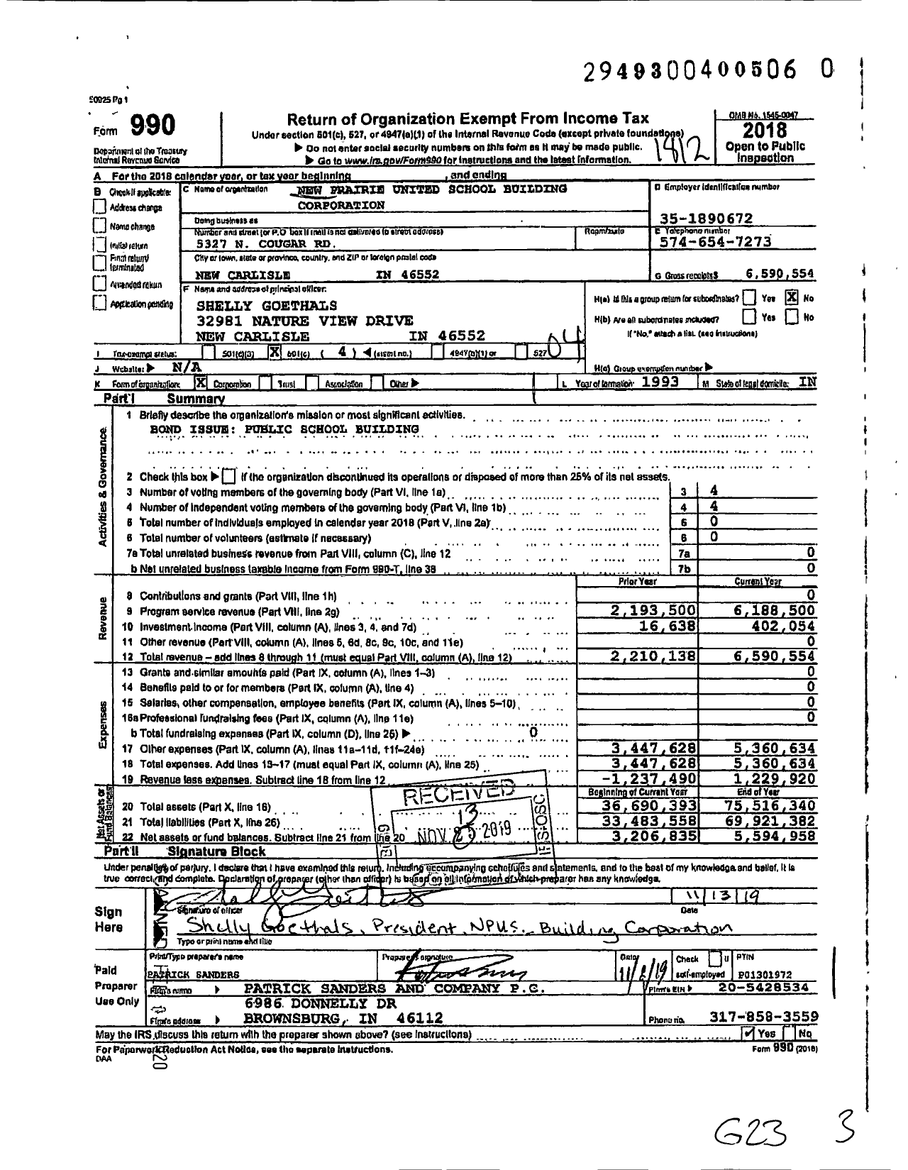 Image of first page of 2018 Form 990O for New Prairie United School Building Corporation